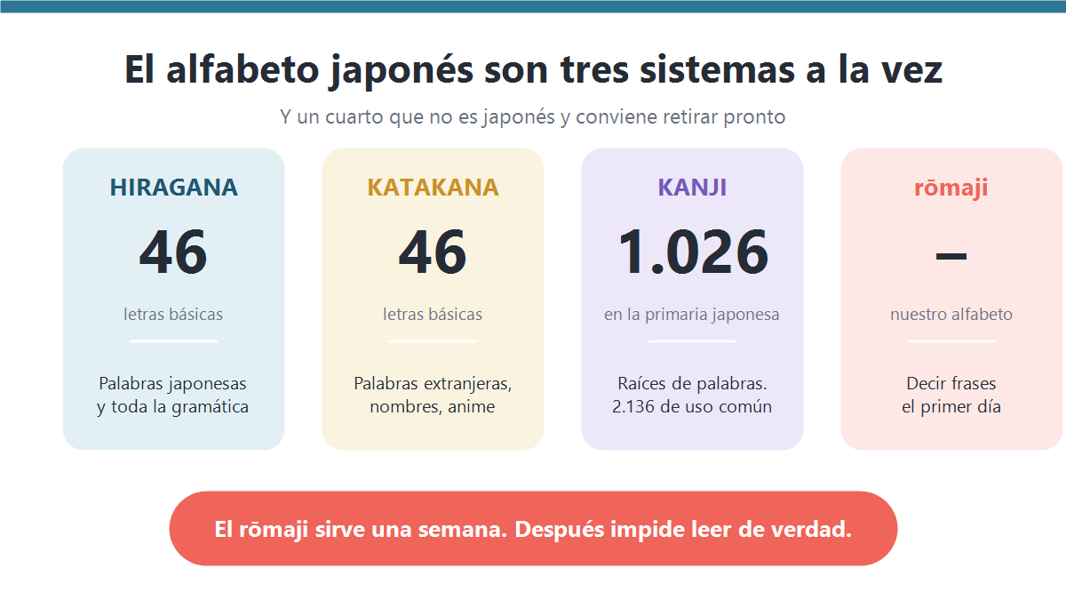 Infografía de los tres sistemas de escritura japonesa: hiragana con 46 letras, katakana con 46 letras y kanji con 1.026 en la primaria japonesa, más el rōmaji