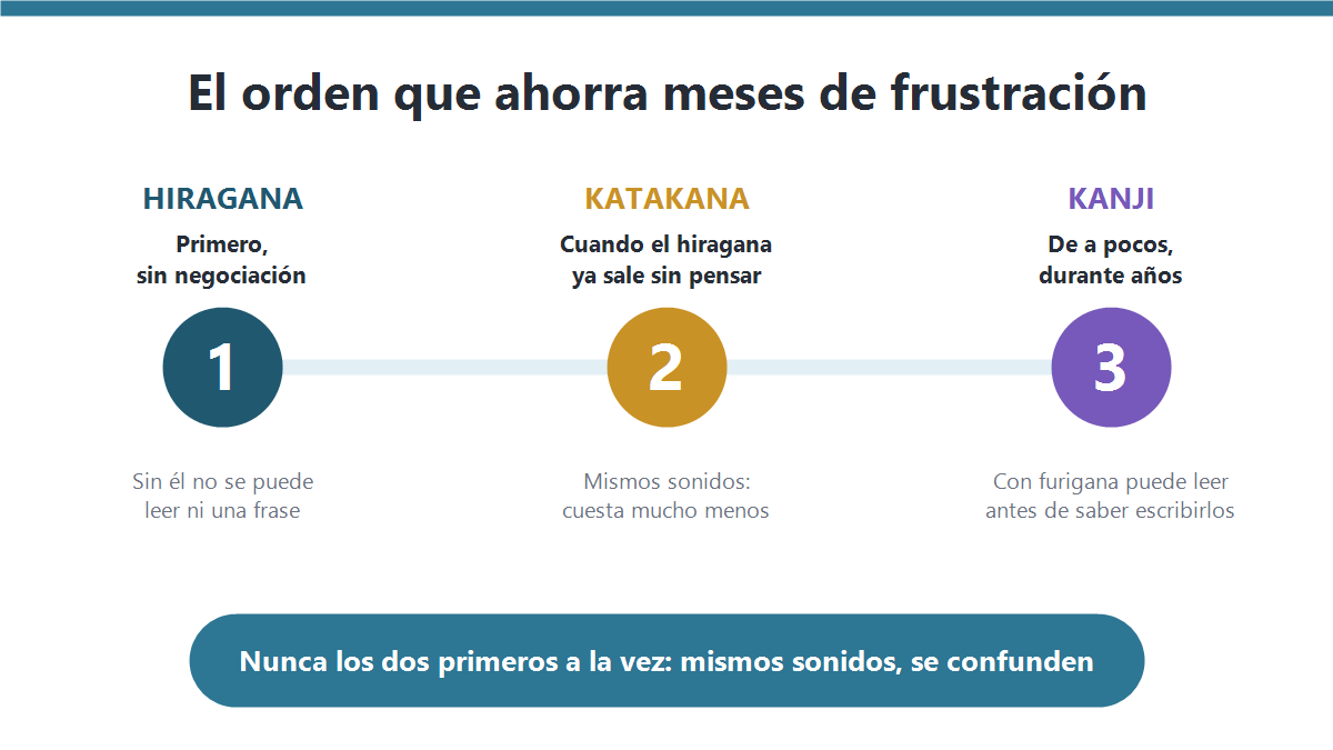Línea de tiempo con el orden correcto para aprender la escritura japonesa: primero hiragana, después katakana y por último kanji