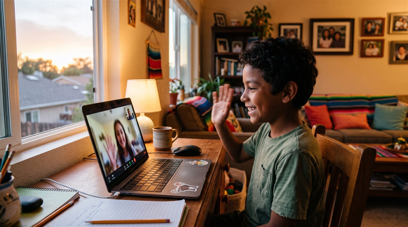 Niño latinoamericano de nueve años saludando con la mano a la pantalla de una computadora portátil en la sala de su casa al atardecer