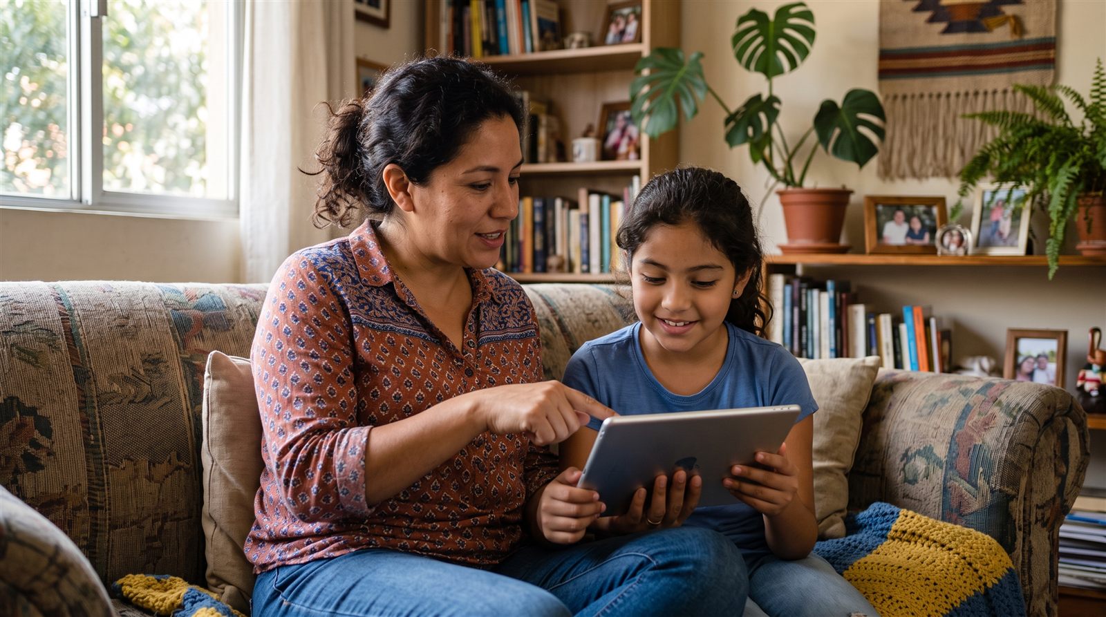 Madre latinoamericana y su hija de diez años sentadas juntas en el sofá mirando una tableta, la madre señalando algo en la pantalla