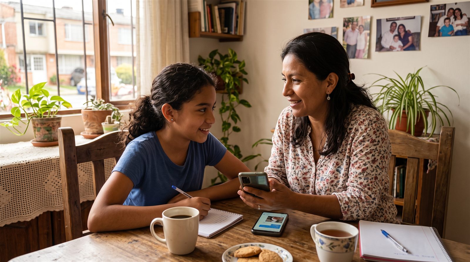 Madre latinoamericana y su hija adolescente sentadas juntas a la mesa del comedor revisando con calma la pantalla de un teléfono
