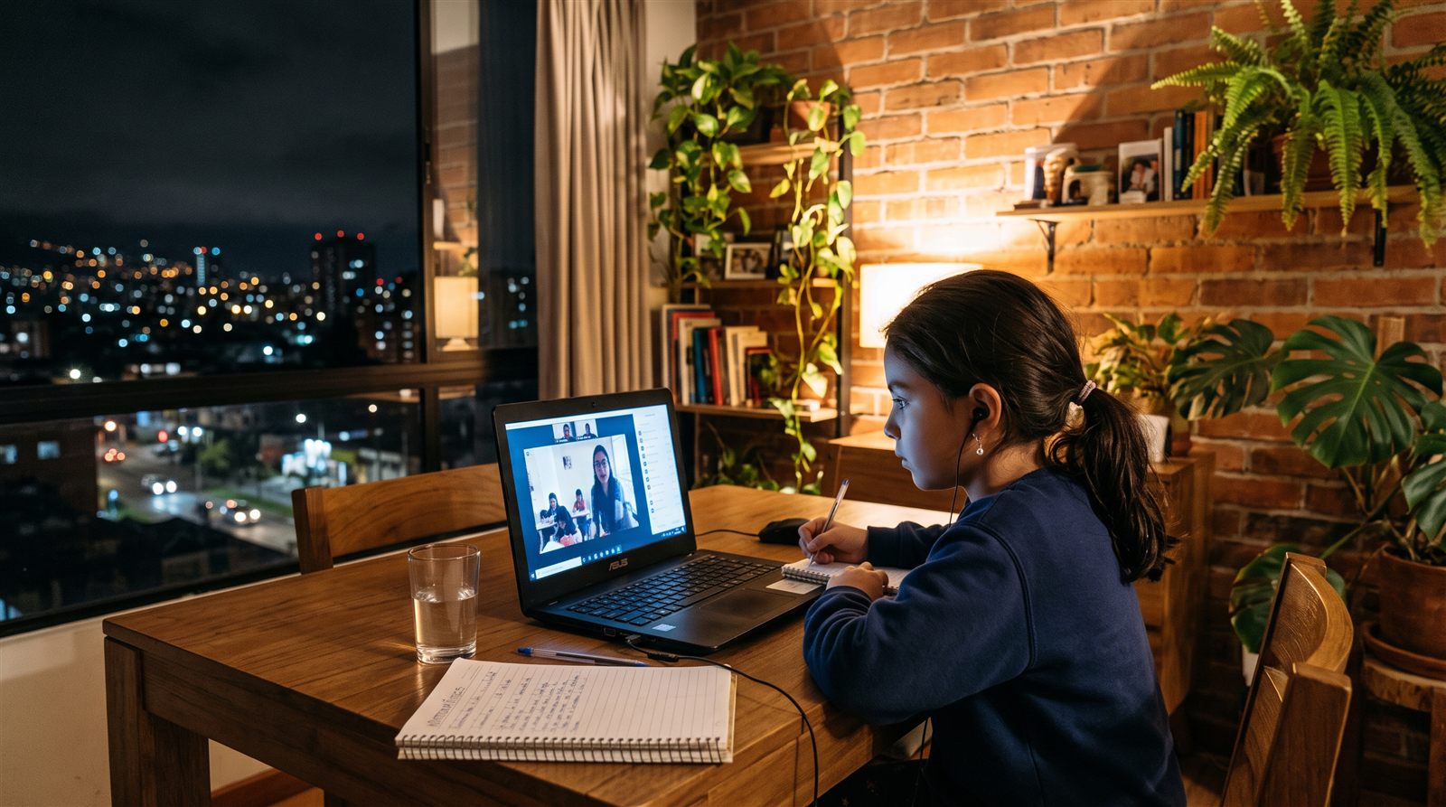 Niña colombiana de nueve años en el comedor de su apartamento en Bogotá, tomando una clase en línea en una computadora portátil al anochecer