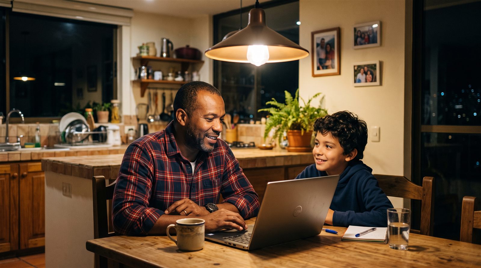 Padre e hijo colombianos revisando juntos opciones de clases de japonés en una computadora portátil en la cocina de su casa
