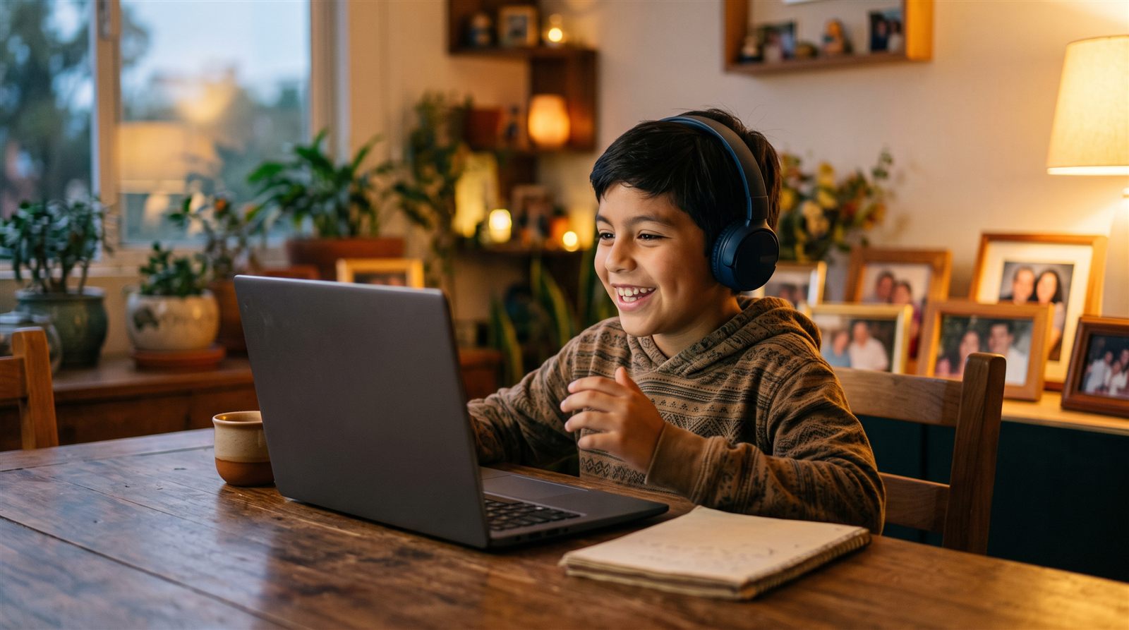Niño mexicano sonriente con audífonos frente a una laptop durante una clase de japonés en vivo desde su casa en la Ciudad de México