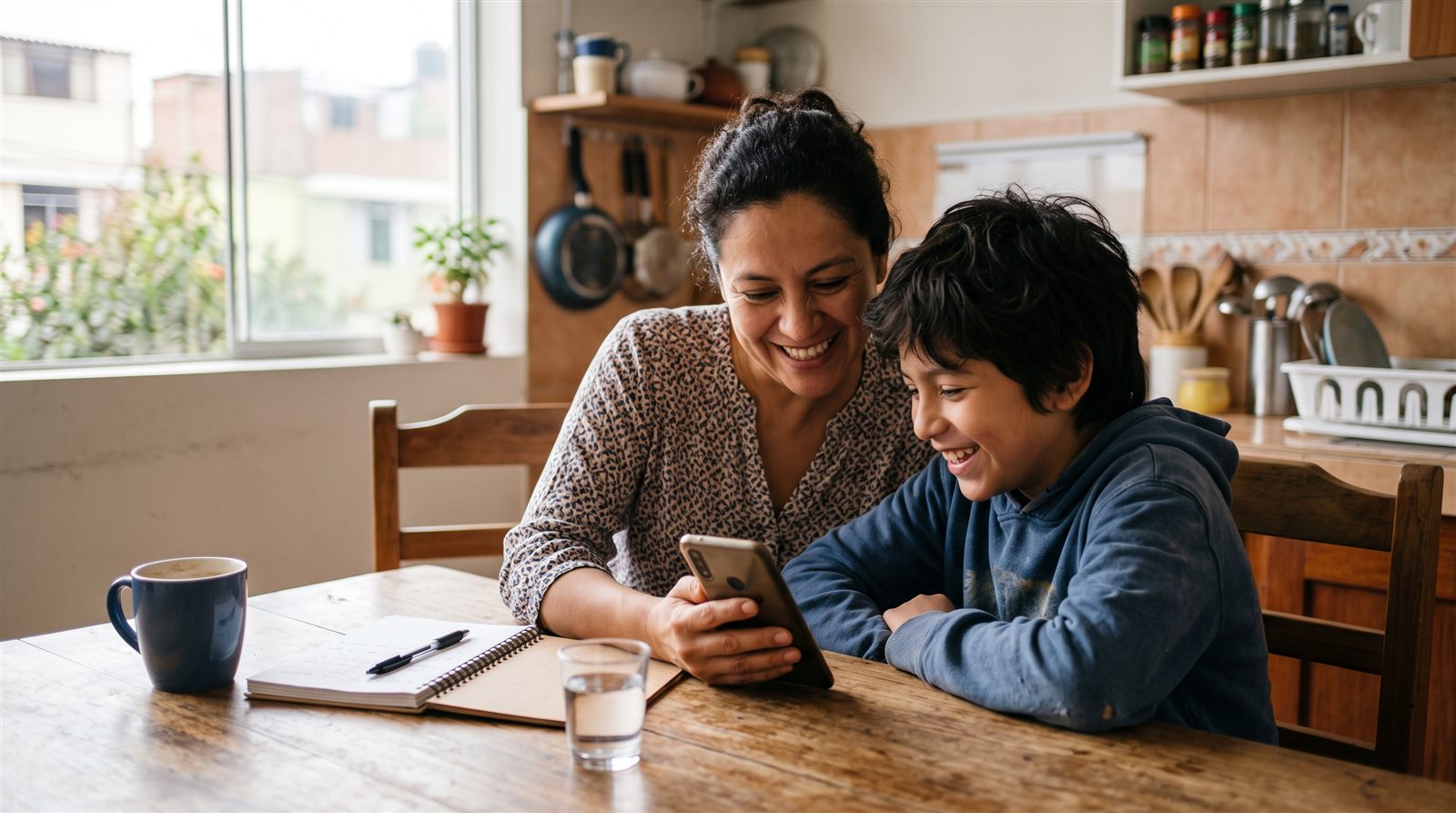 Madre latinoamericana y su hijo revisando juntos en el celular las opciones de escuelas de japonés cercanas a su casa