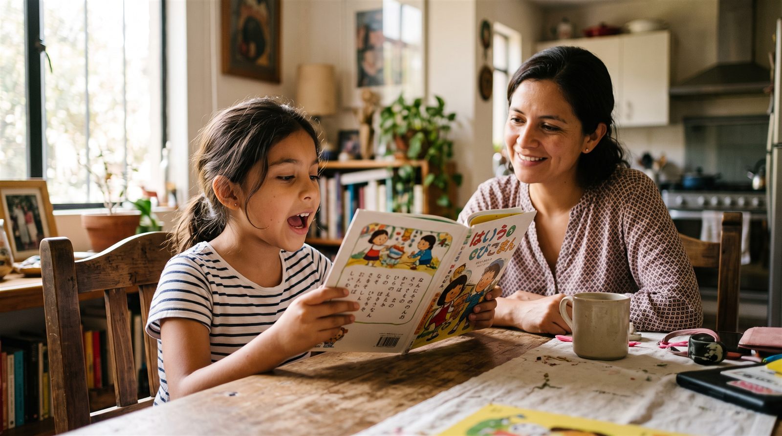 Niña latinoamericana de nueve años leyendo en voz alta un cuento japonés ilustrado en la mesa del comedor mientras su madre la escucha