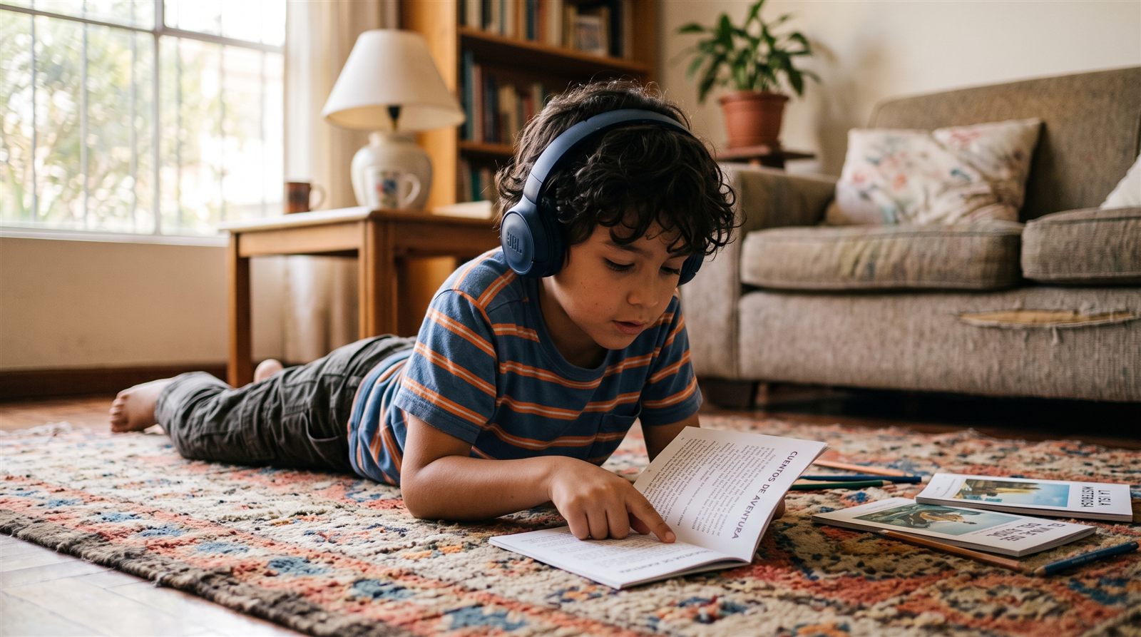 Niño latinoamericano de ocho años con audífonos leyendo un librito impreso en el tapete de la sala y siguiendo el texto con el dedo