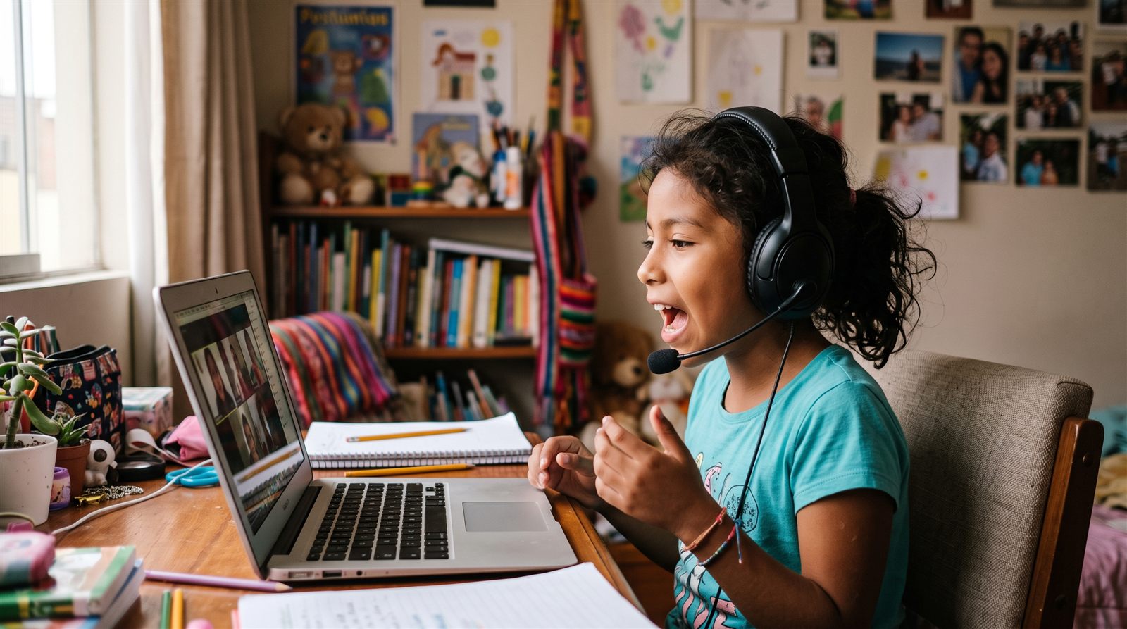 Niña latinoamericana con audífonos hablando en voz alta frente a la computadora durante una clase de japonés en vivo