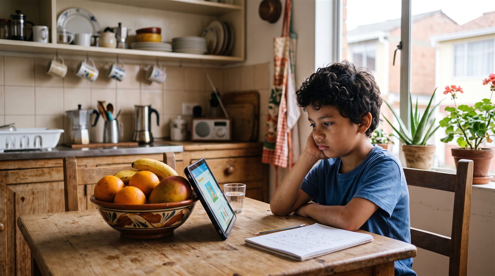 Niño latinoamericano estudiando japonés gratis en una tableta sentado a la mesa de la cocina de su casa