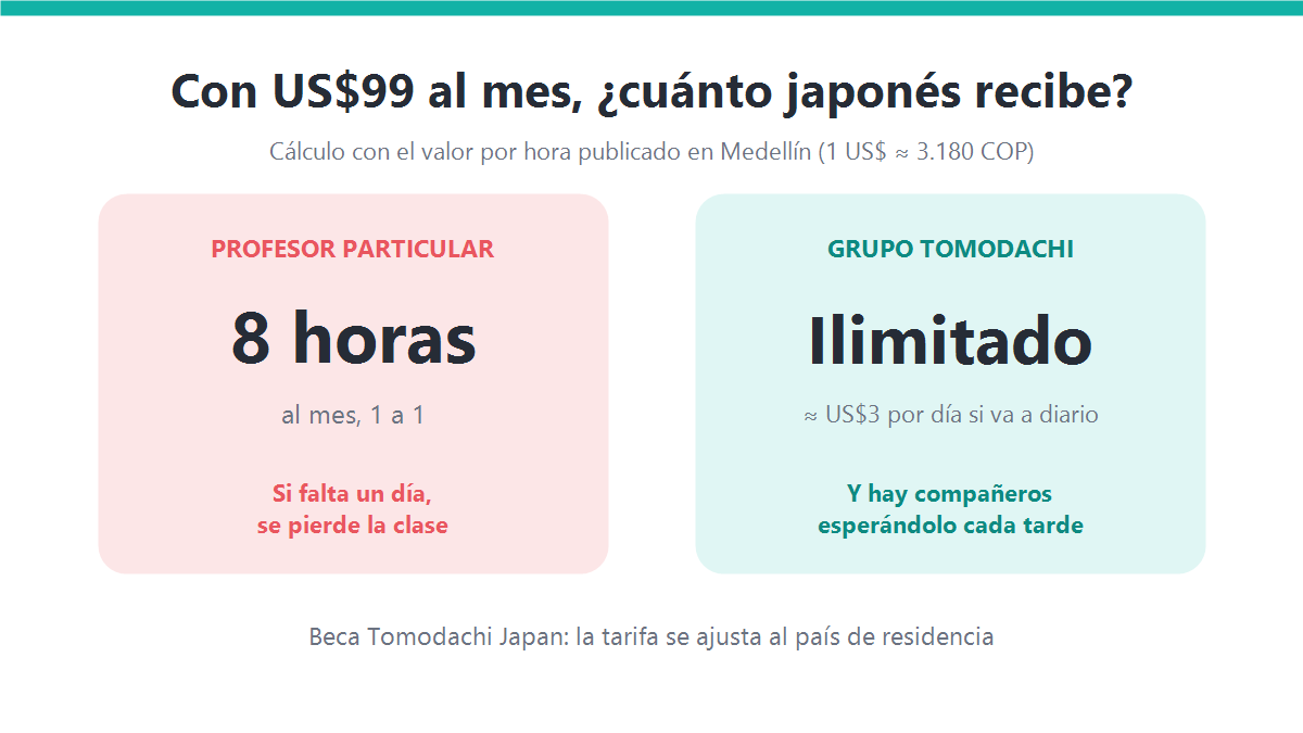 Gráfico comparativo: cuántas horas de japonés recibe un niño al mes con US$99 con profesor particular frente a clases en grupo con asistencia ilimitada