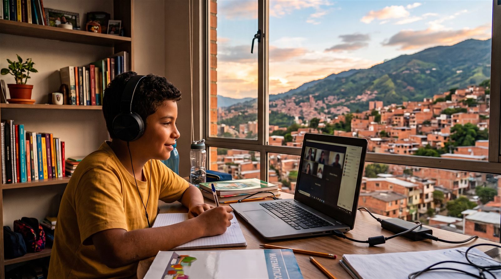 Niño colombiano de once años tomando una clase en línea con audífonos en su casa en Medellín, con las montañas verdes visibles por la ventana