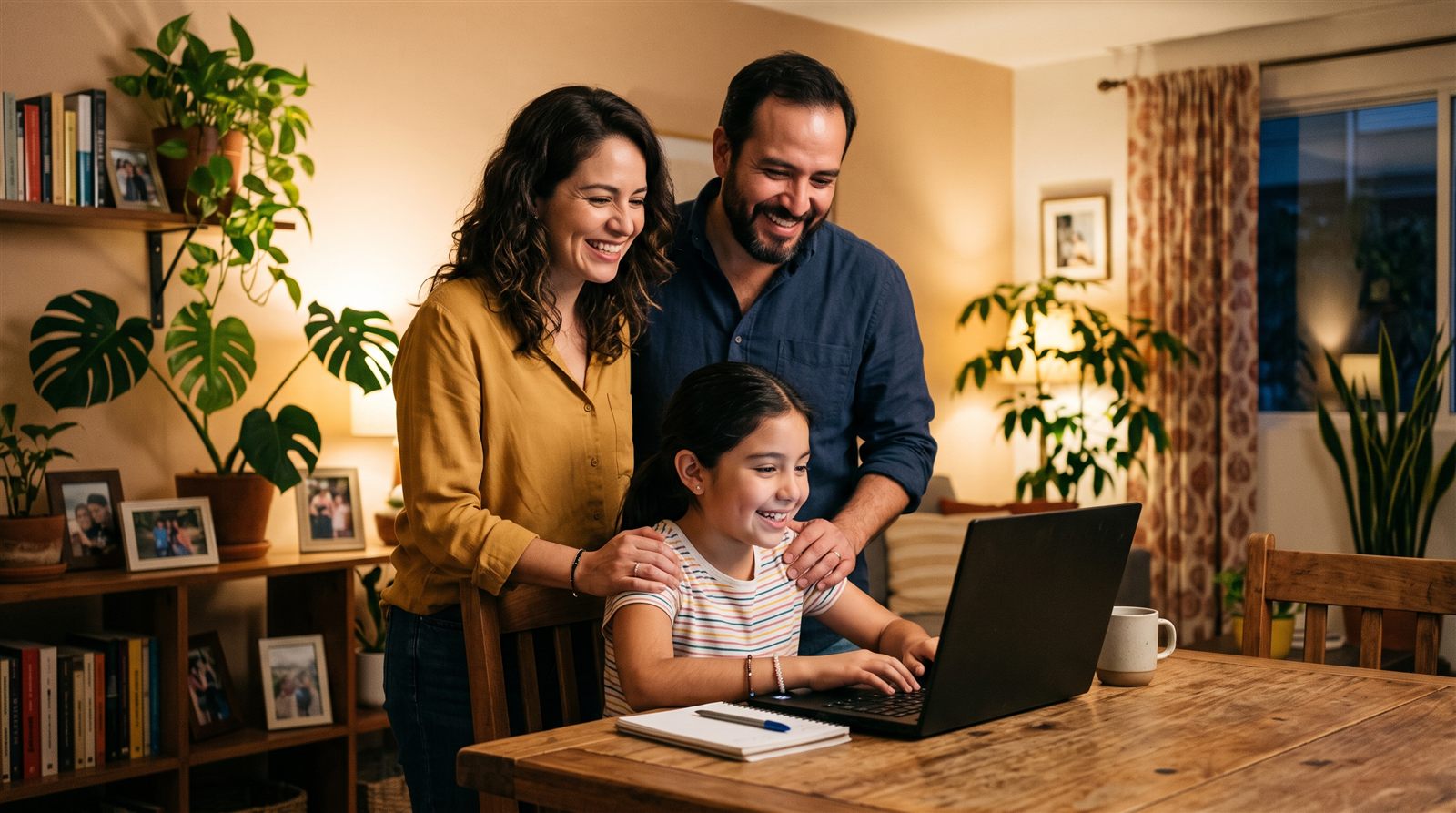 Familia mexicana en la sala de su casa observando juntos la clase de japonés en línea de su hija en la computadora