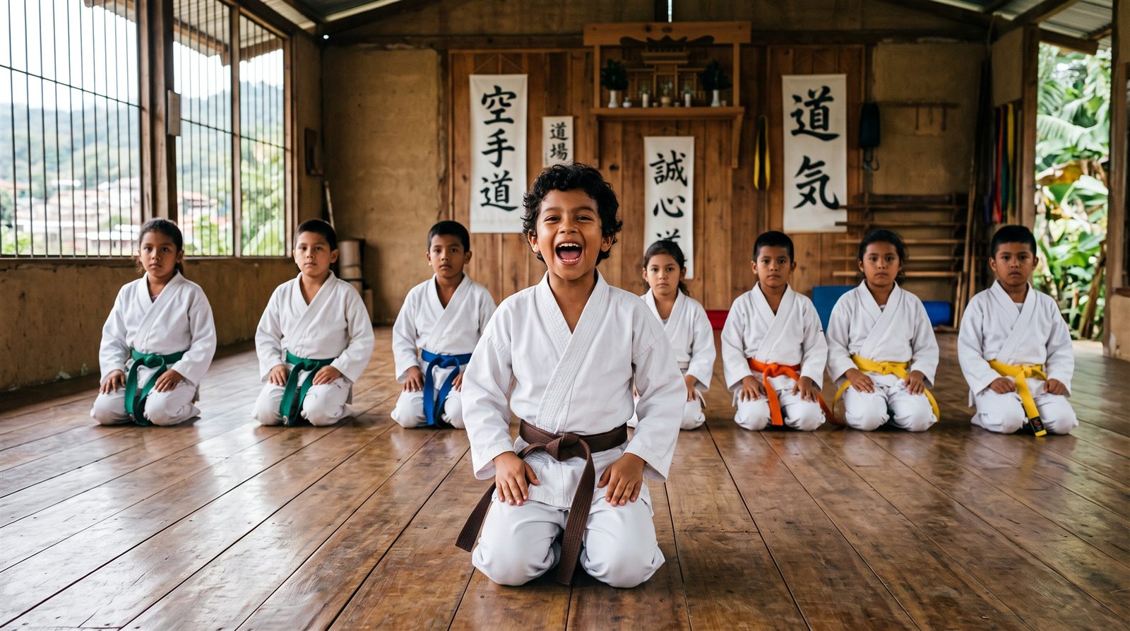 Niño latinoamericano de ocho años con kimono de karate blanco contando en voz alta en el dojo, con otros niños de su edad arrodillados detrás