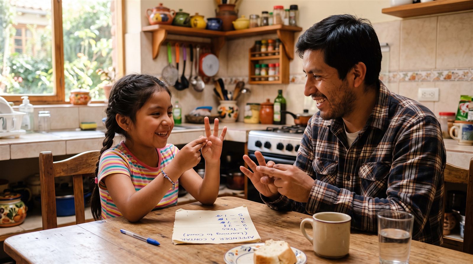 Niña latinoamericana de siete años contando con los dedos junto a su padre en la cocina de su casa, con una hoja de apuntes sobre la mesa