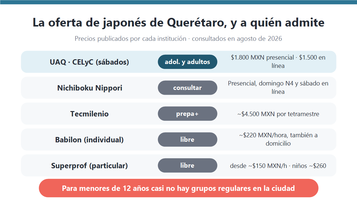 Infografía con la oferta de japonés de Querétaro y a quién admite cada opción: UAQ CELyC para adolescentes y adultos, Nichiboku Nippori, Tecmilenio, Babilon y profesores particulares