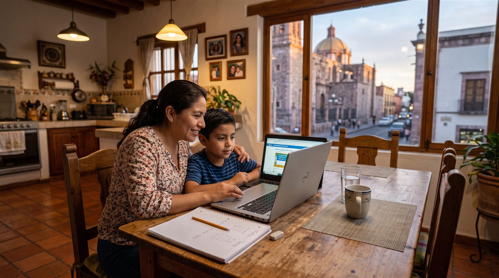 Madre mexicana y su hijo de nueve años frente a una computadora portátil en el comedor de su casa en Querétaro, con la cúpula colonial visible por la ventana al atardecer