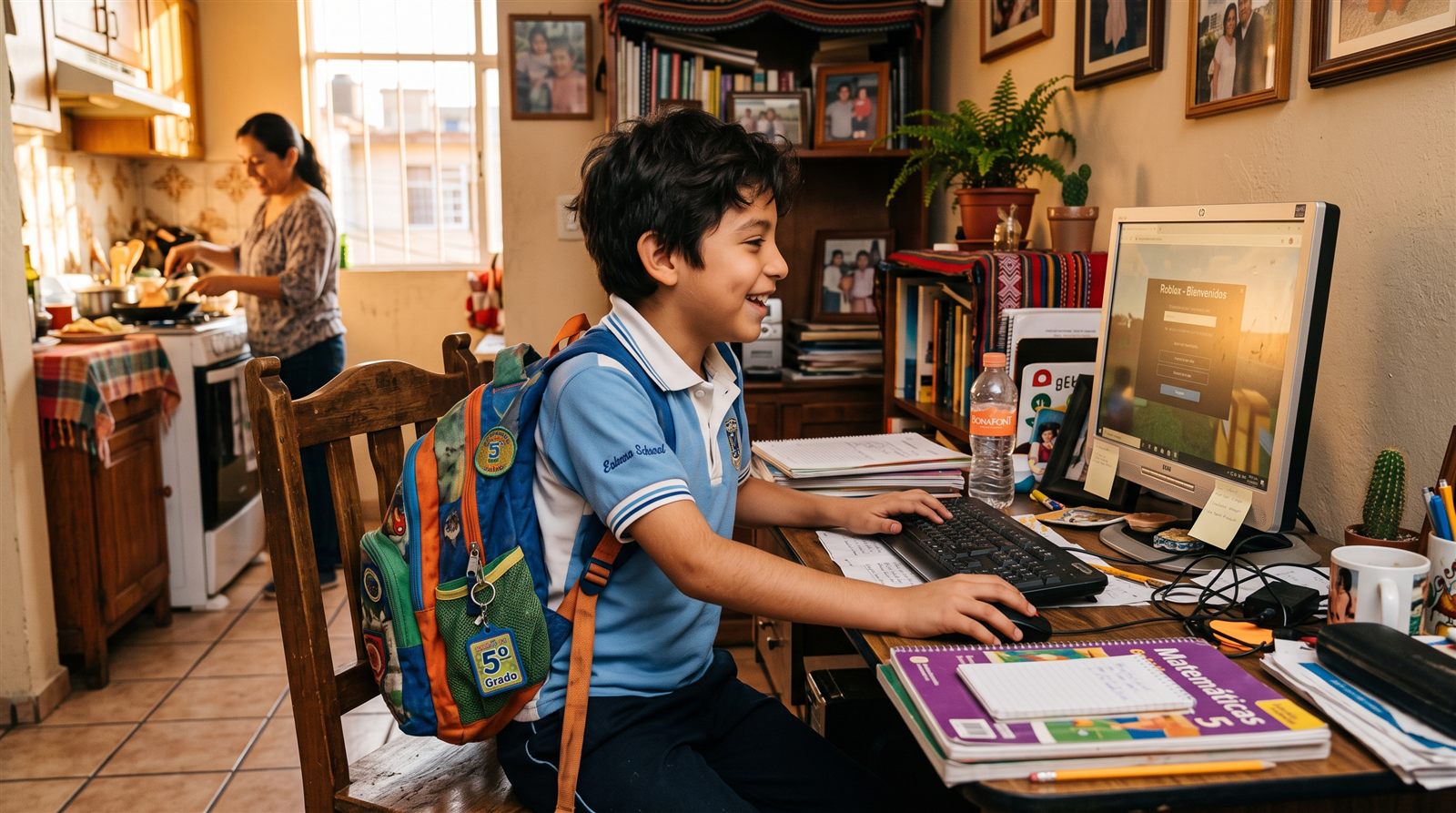 Niño mexicano de diez años recién llegado de la escuela, todavía con la mochila puesta, sentándose frente a la computadora familiar