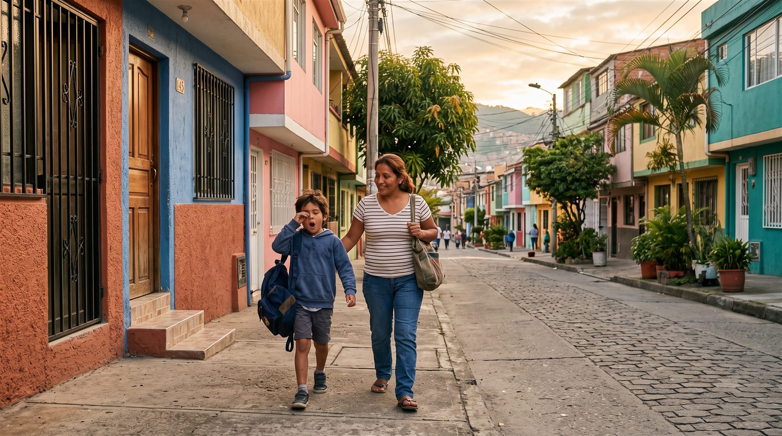 Madre latinoamericana y su hijo de nueve años saliendo de casa temprano un sábado por la mañana con la mochila al hombro