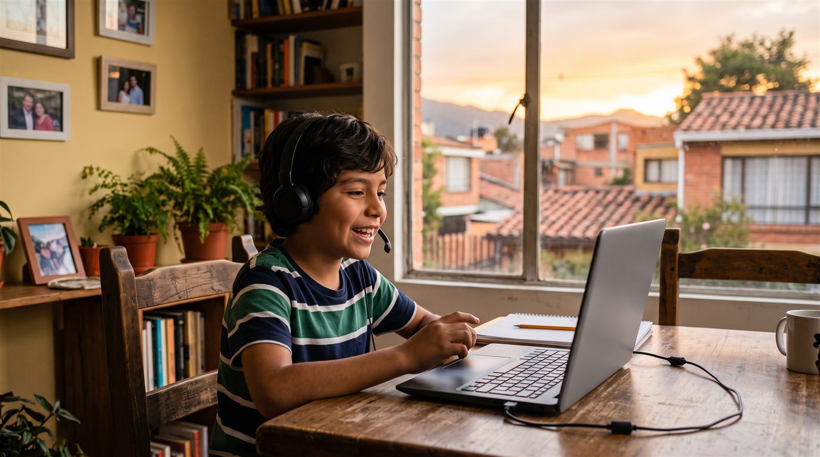 Niño latinoamericano en la sala de su casa hablando por videollamada con una computadora portátil al final de la tarde entre semana