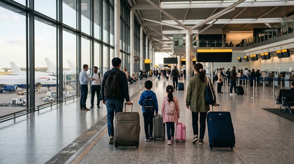 空港の出発ロビーで、スーツケースを押す日本人の家族が並んで歩いている後ろ姿