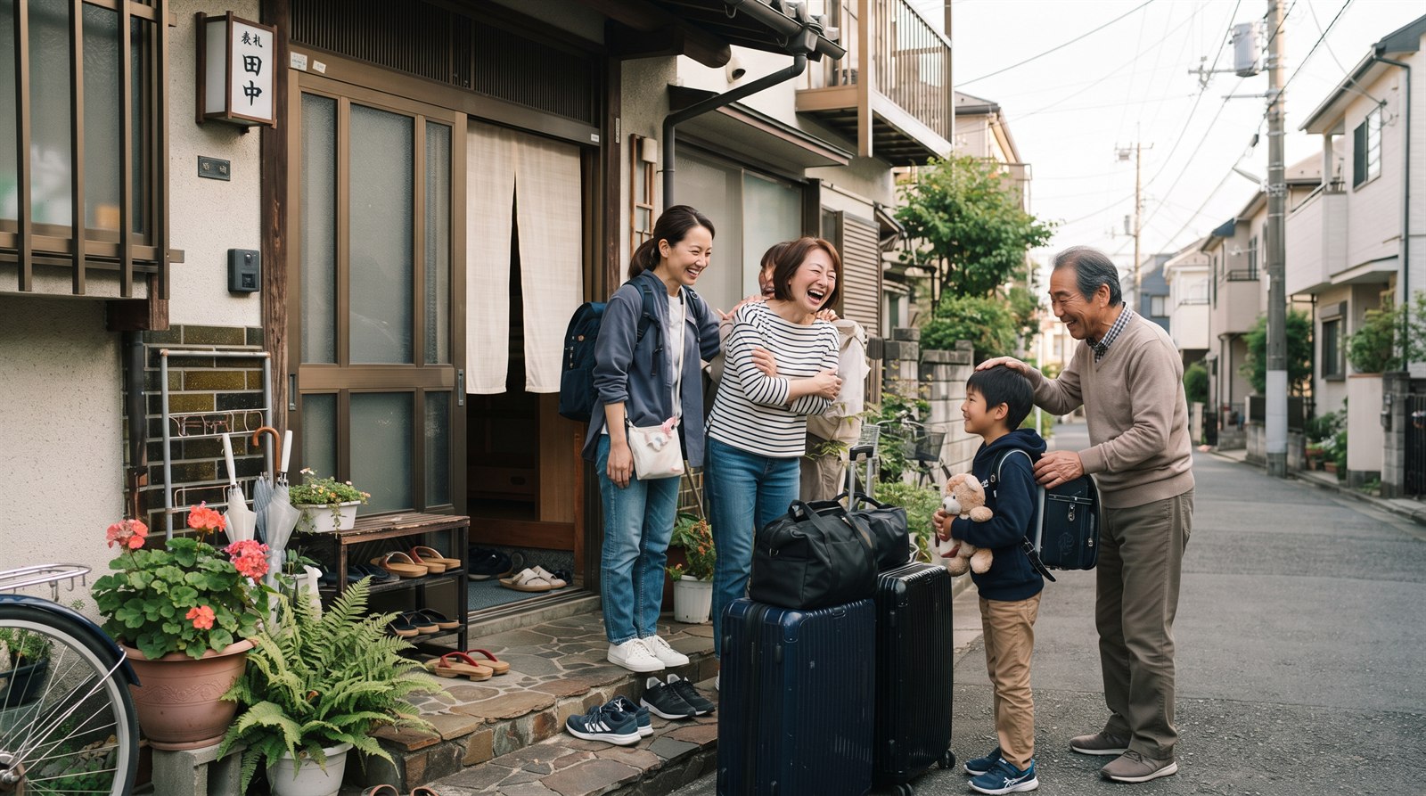 日本の実家の玄関先で、スーツケースを足元に置いて祖父母に笑顔で迎えられる母親と小学生の男の子