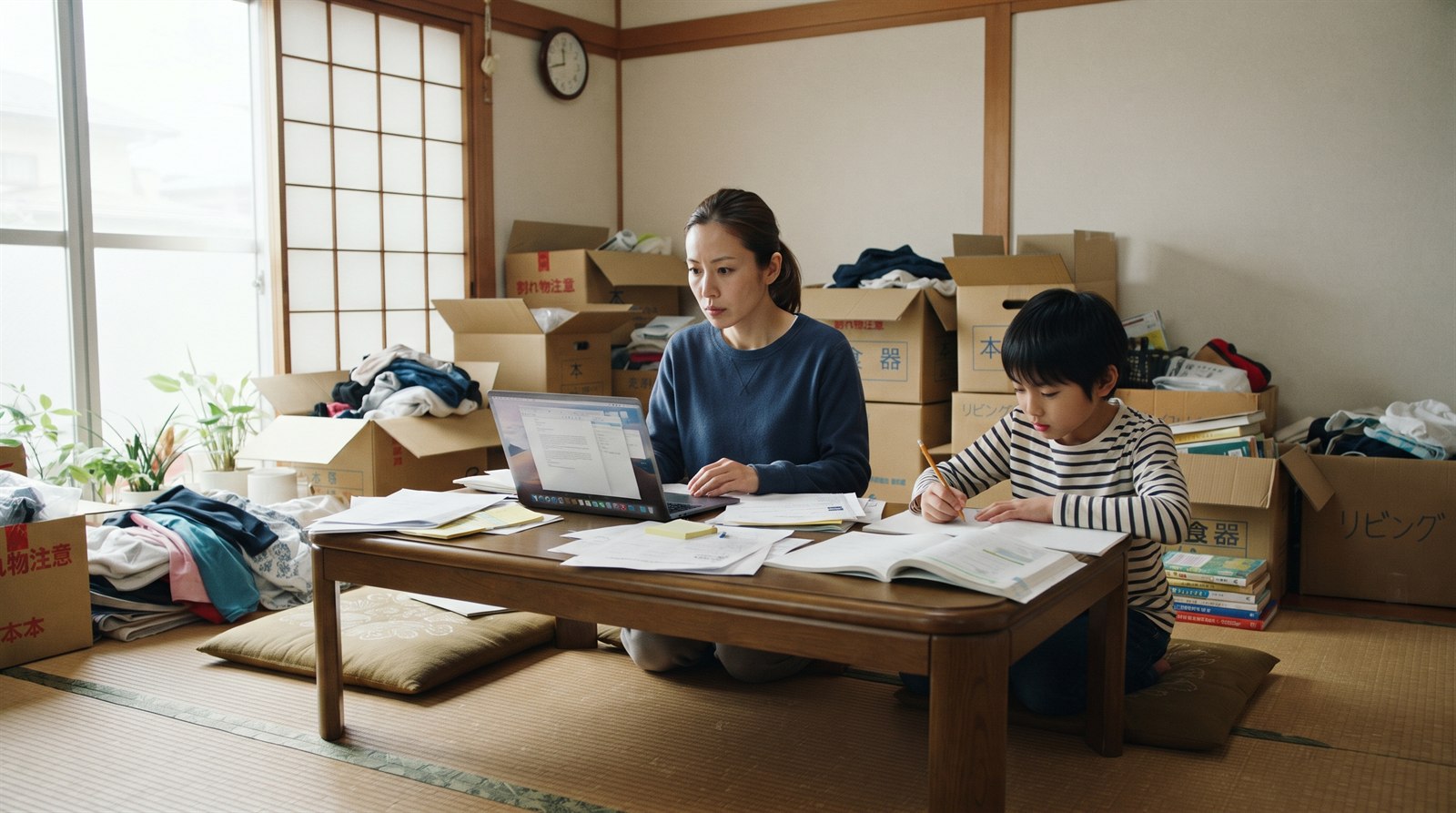 仮住まいの和室で、引っ越しの段ボールに囲まれて座卓にノートパソコンと書類を広げ調べものをする母親と、横で宿題をする小学生の男の子