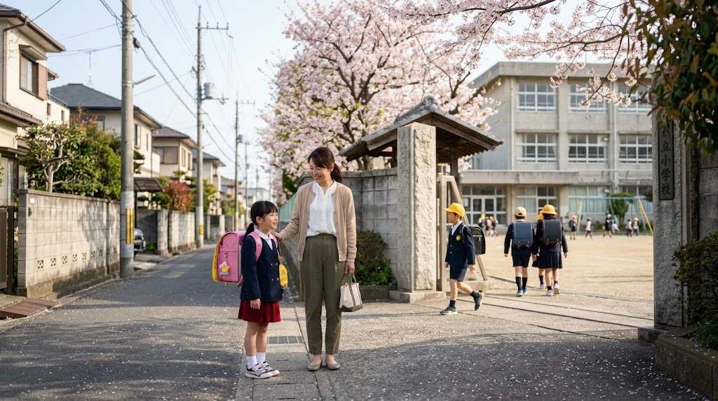 日本の公立小学校の校門前で、ランドセルを背負った女の子と母親が並んで立っている朝の様子