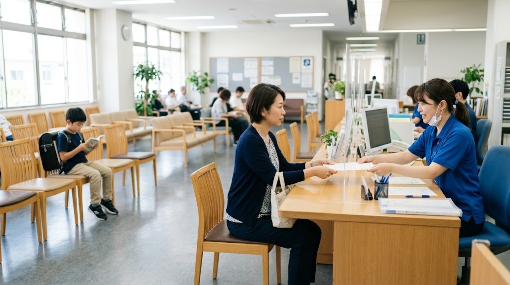 日本の市役所の窓口で、母親が職員と転入の書類をやりとりし、隣の椅子に子どもが座っている様子