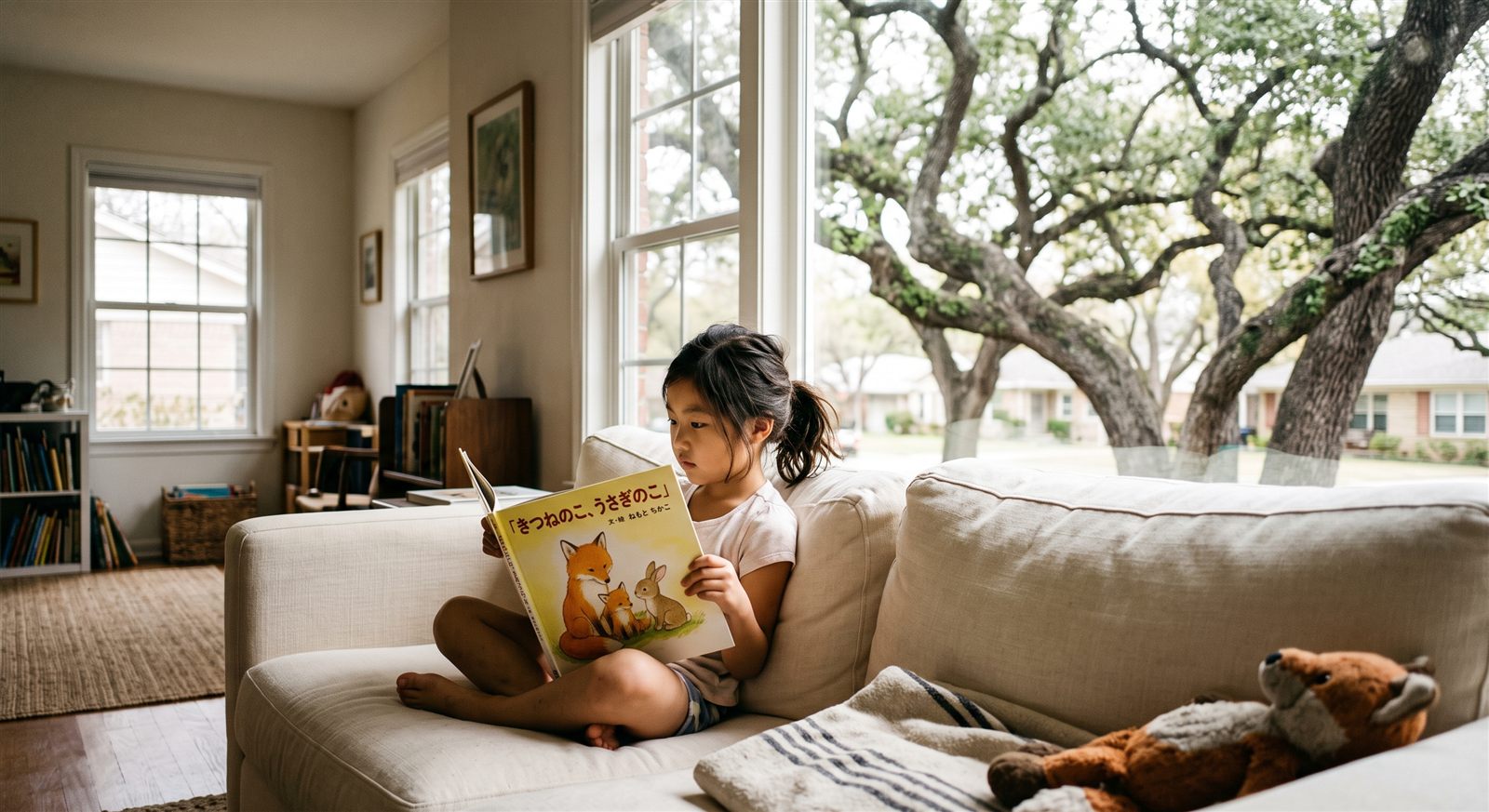 A child in Houston reading a Japanese picture book at home on a weekday afternoon