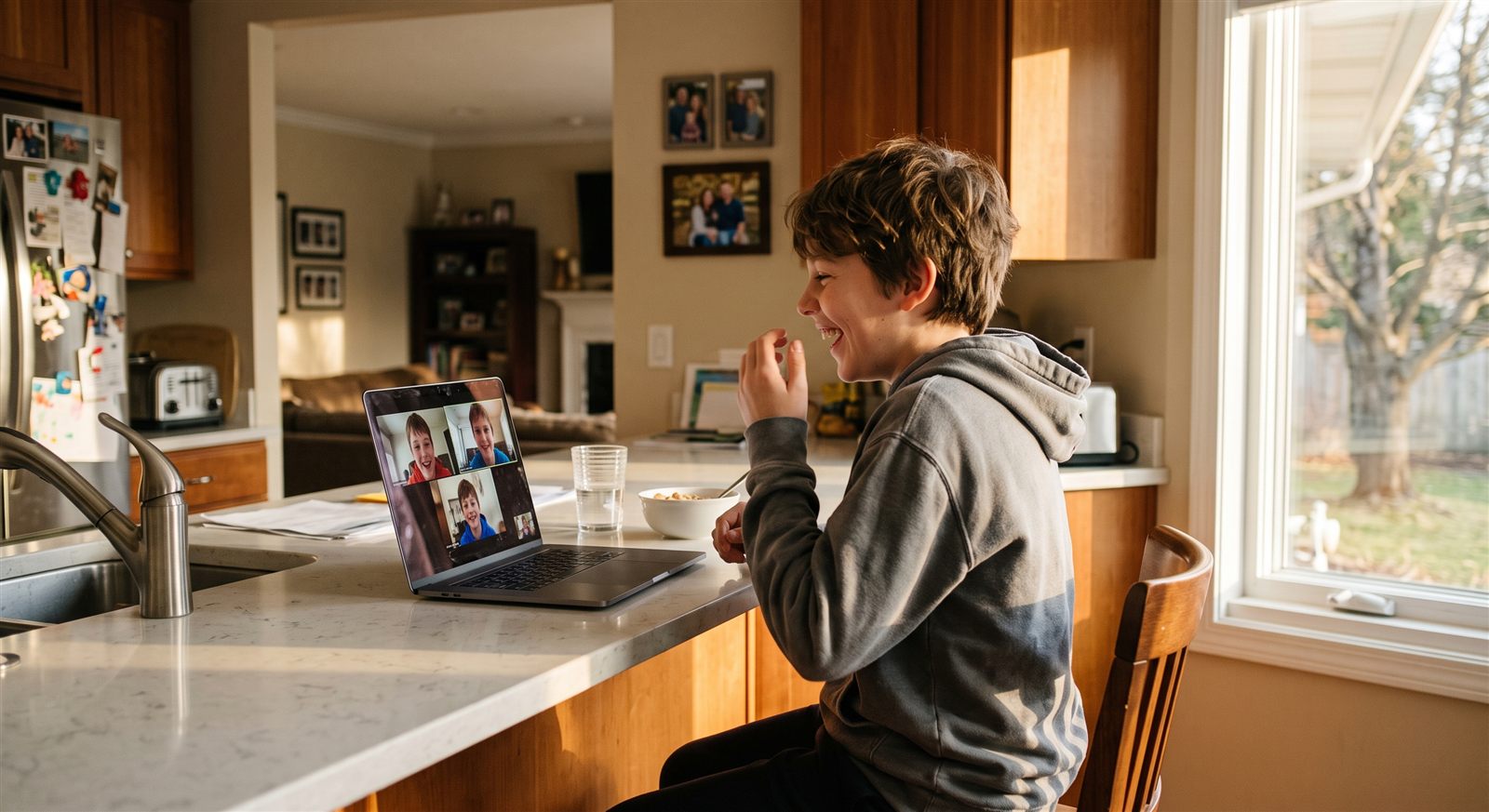A child in Texas joining an online Japanese class with friends in Japan on a Friday evening