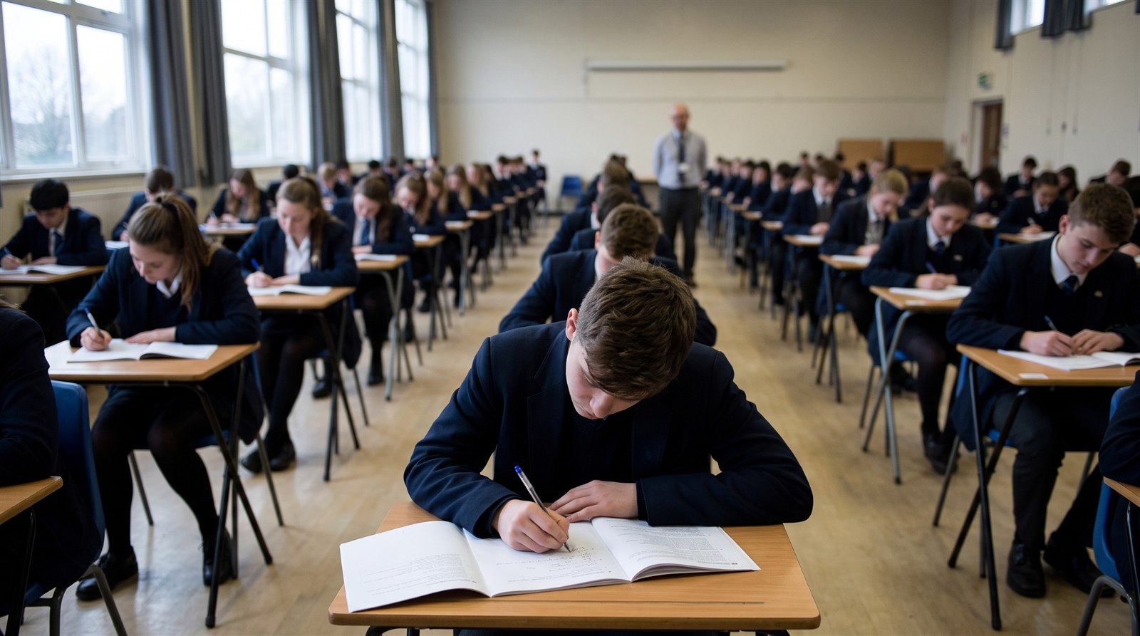 Students seated at spaced desks in a school examination hall, one in the foreground writing during a listening examination