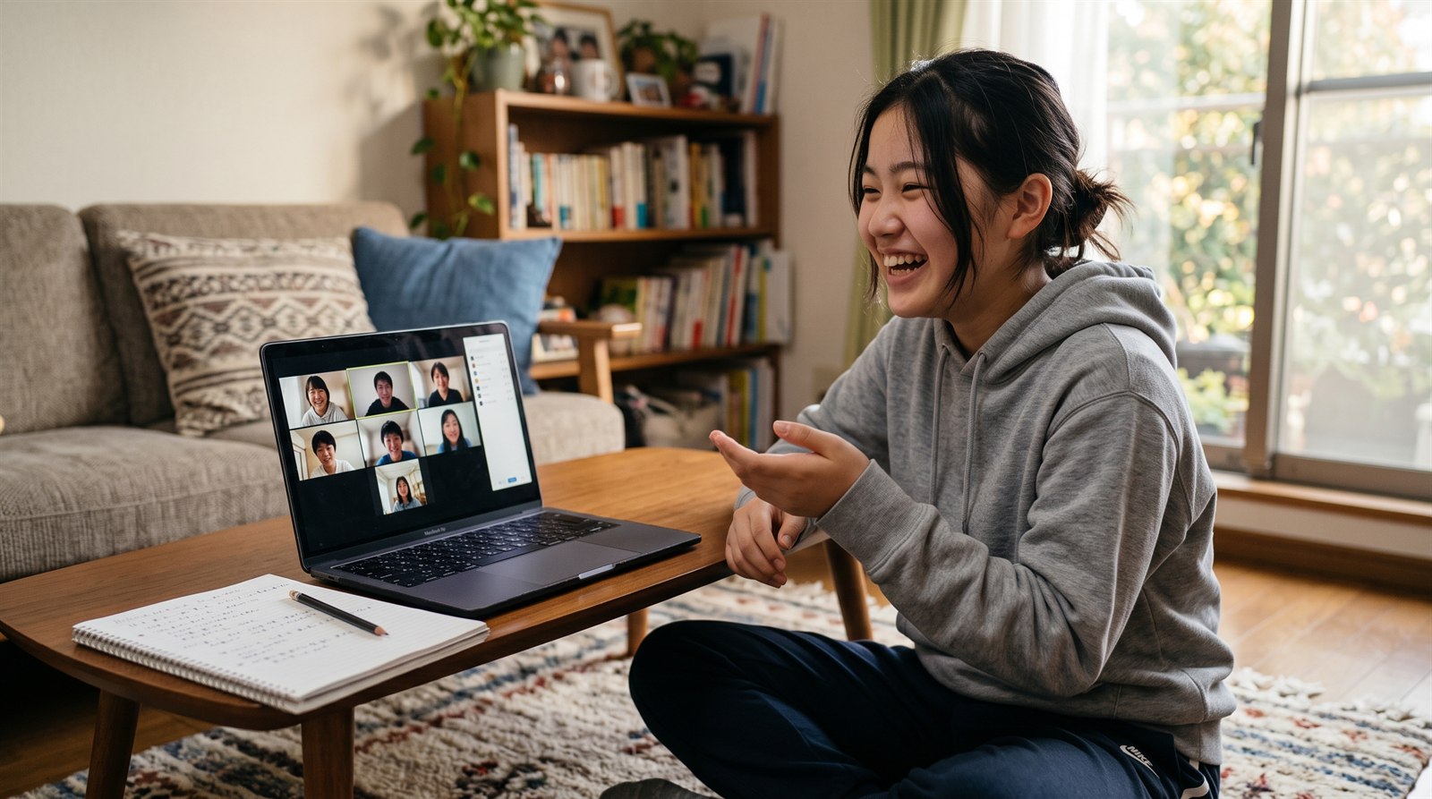 A teenager sitting on a living room rug laughing and speaking during a small-group online Japanese class with peers on screen