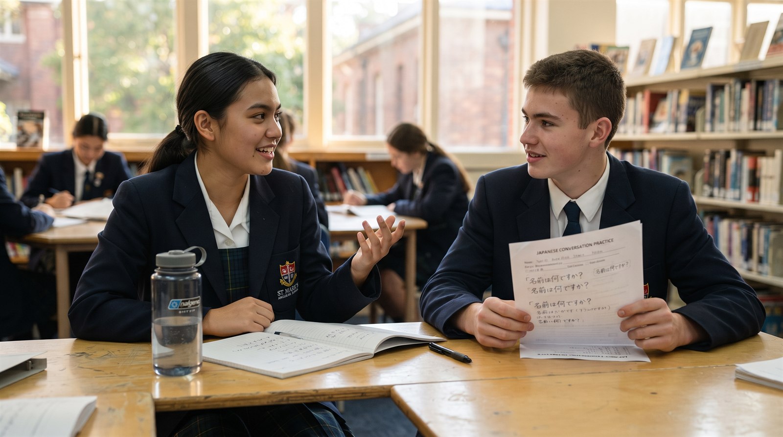 Two Australian Year 12 students in school uniform practising a spoken Japanese conversation across a library table, one gesturing mid-sentence
