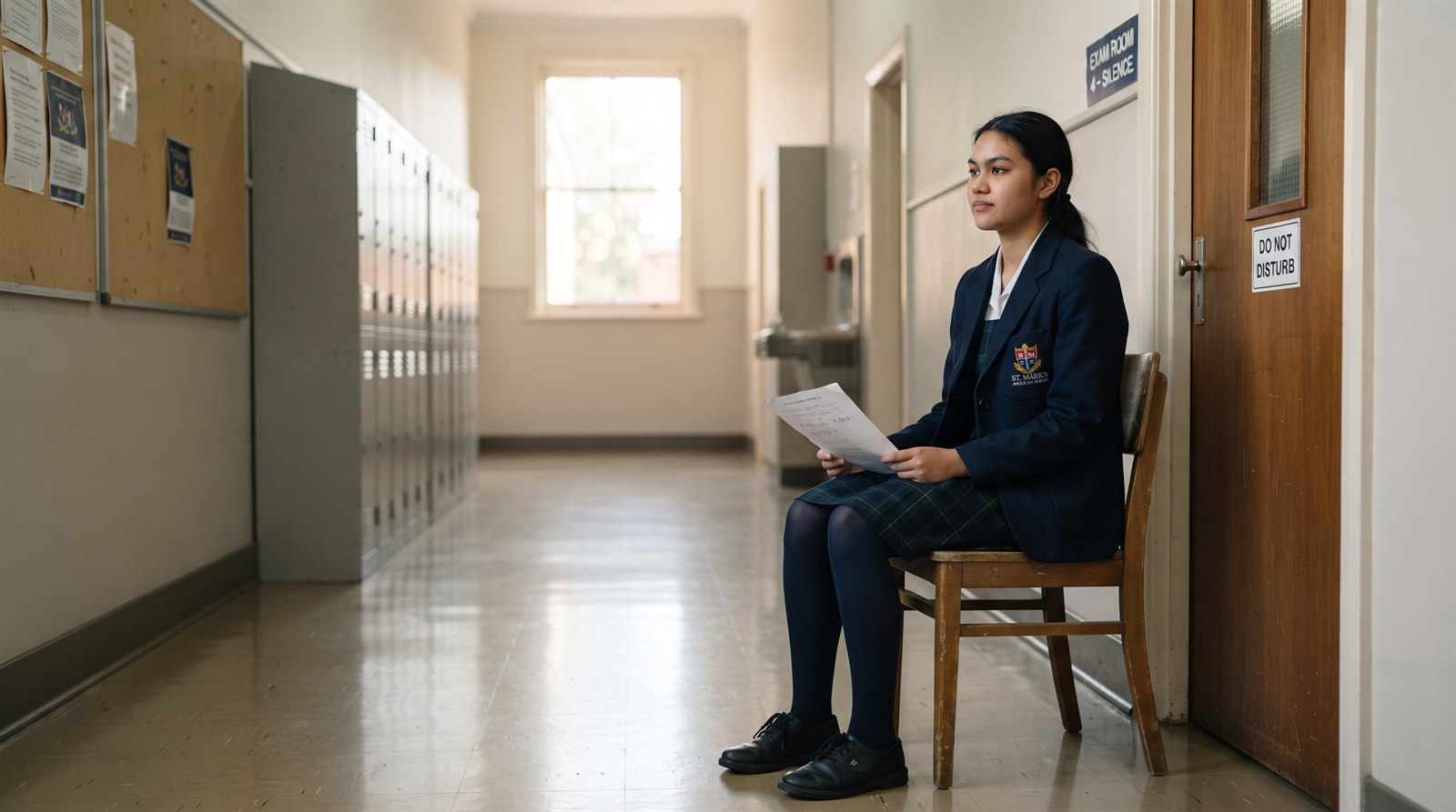 An Australian Year 12 student in school uniform waiting on a chair outside a school examination room before her Japanese oral exam, holding a sheet of notes