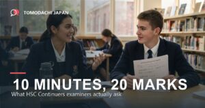 HSC Japanese Continuers speaking exam guide - two Australian students practising Japanese conversation in a school library