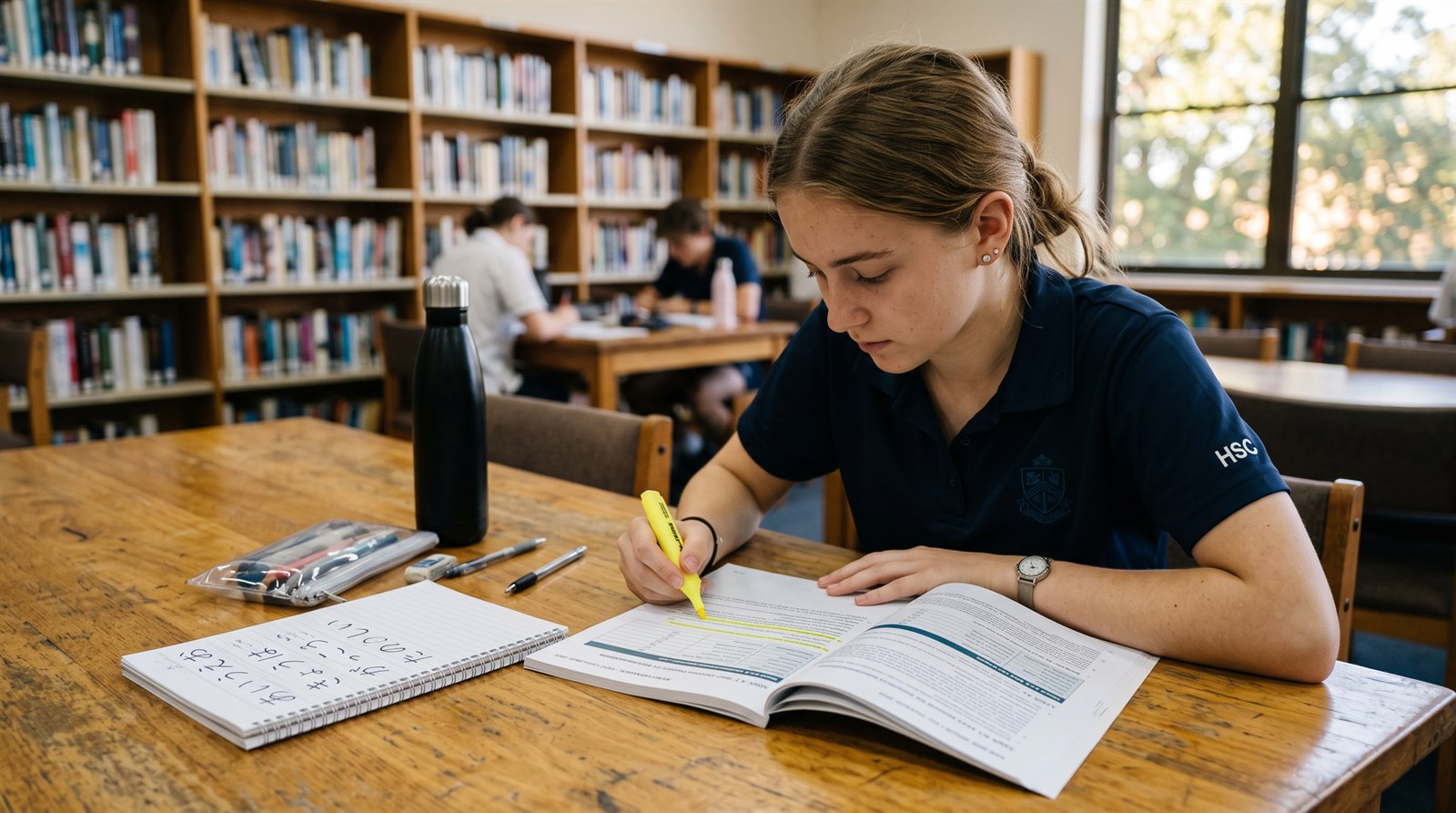 An Australian high-school student in navy uniform highlighting a mark allocation table in a printed exam syllabus at a school library desk