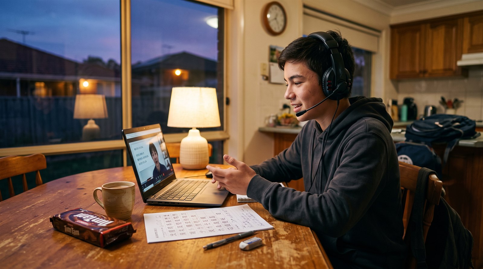 A teenage boy wearing a headset speaking during an evening online Japanese lesson at a kitchen table, a printed kanji list beside the laptop