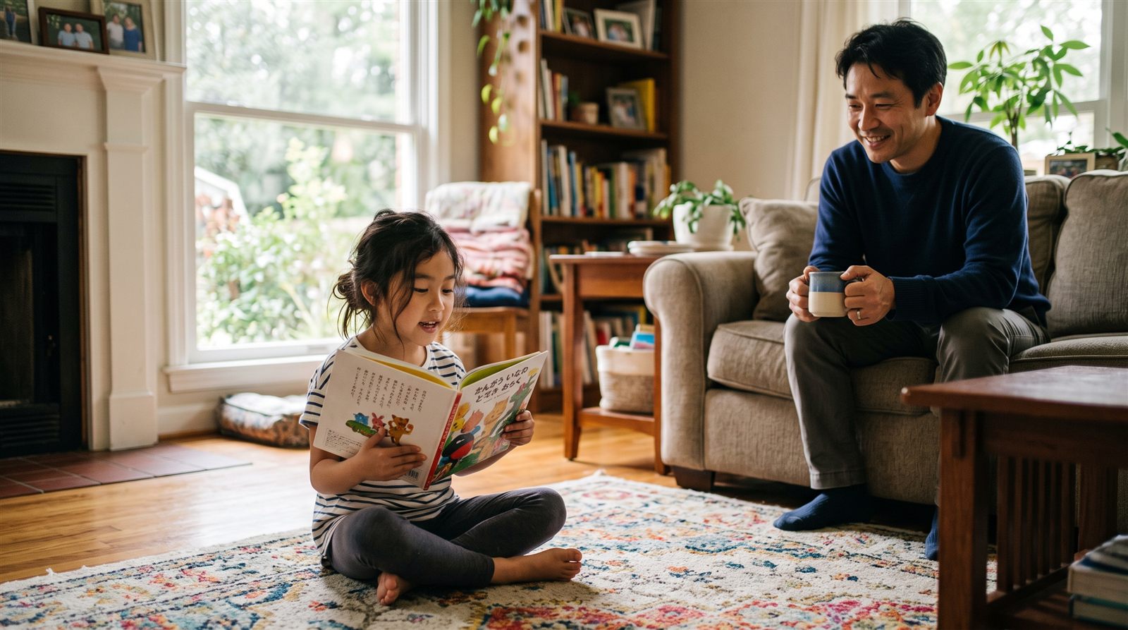 A child in north Alabama reading a Japanese textbook at home on a Saturday morning