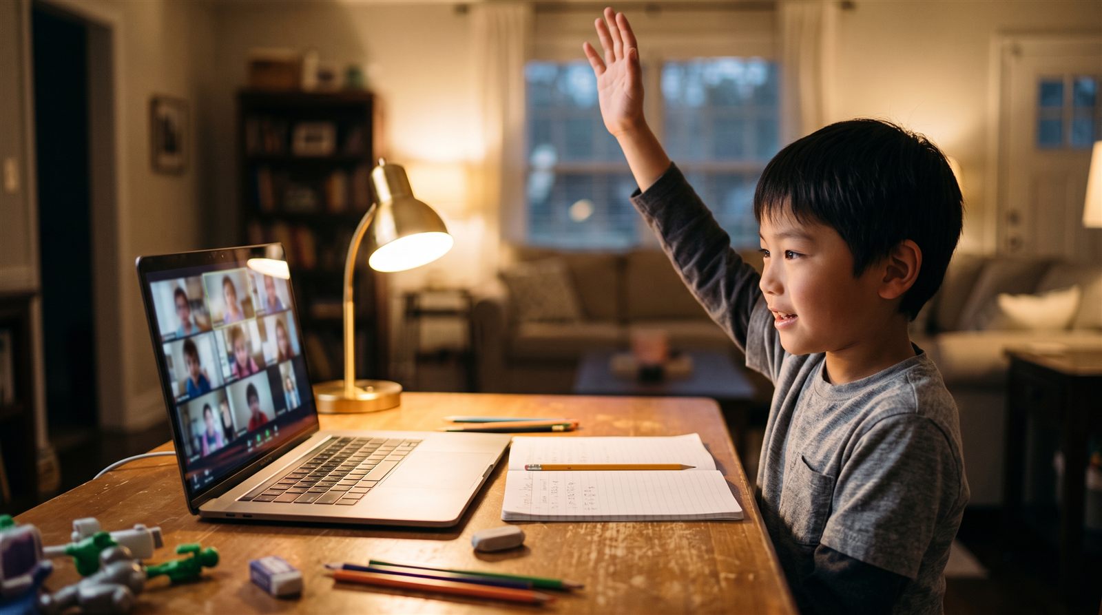 A child in Alabama joining an online Japanese class with friends in Japan on a Friday evening