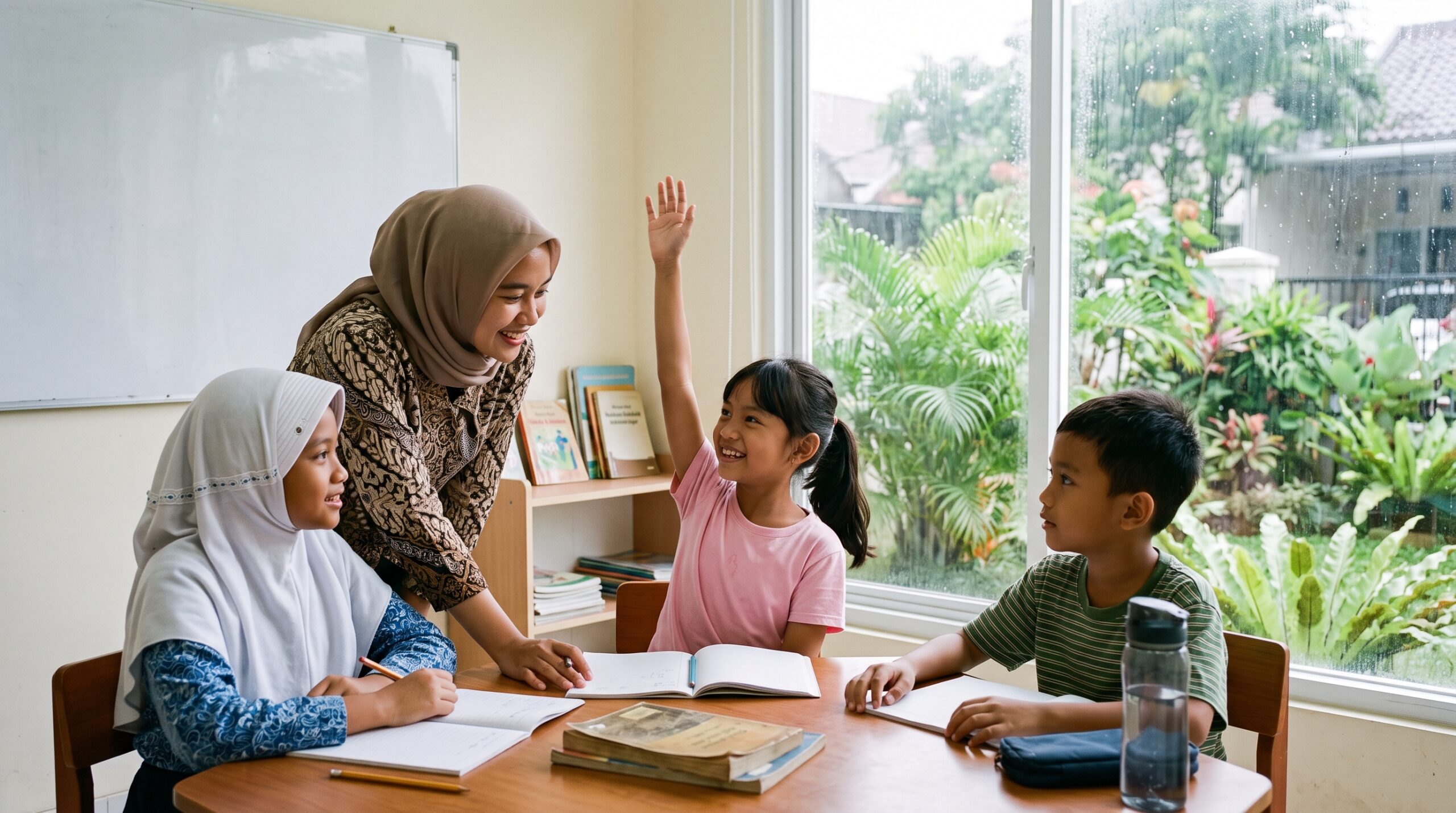 Anak-anak Indonesia belajar bahasa Jepang dalam kelas kecil di Bogor