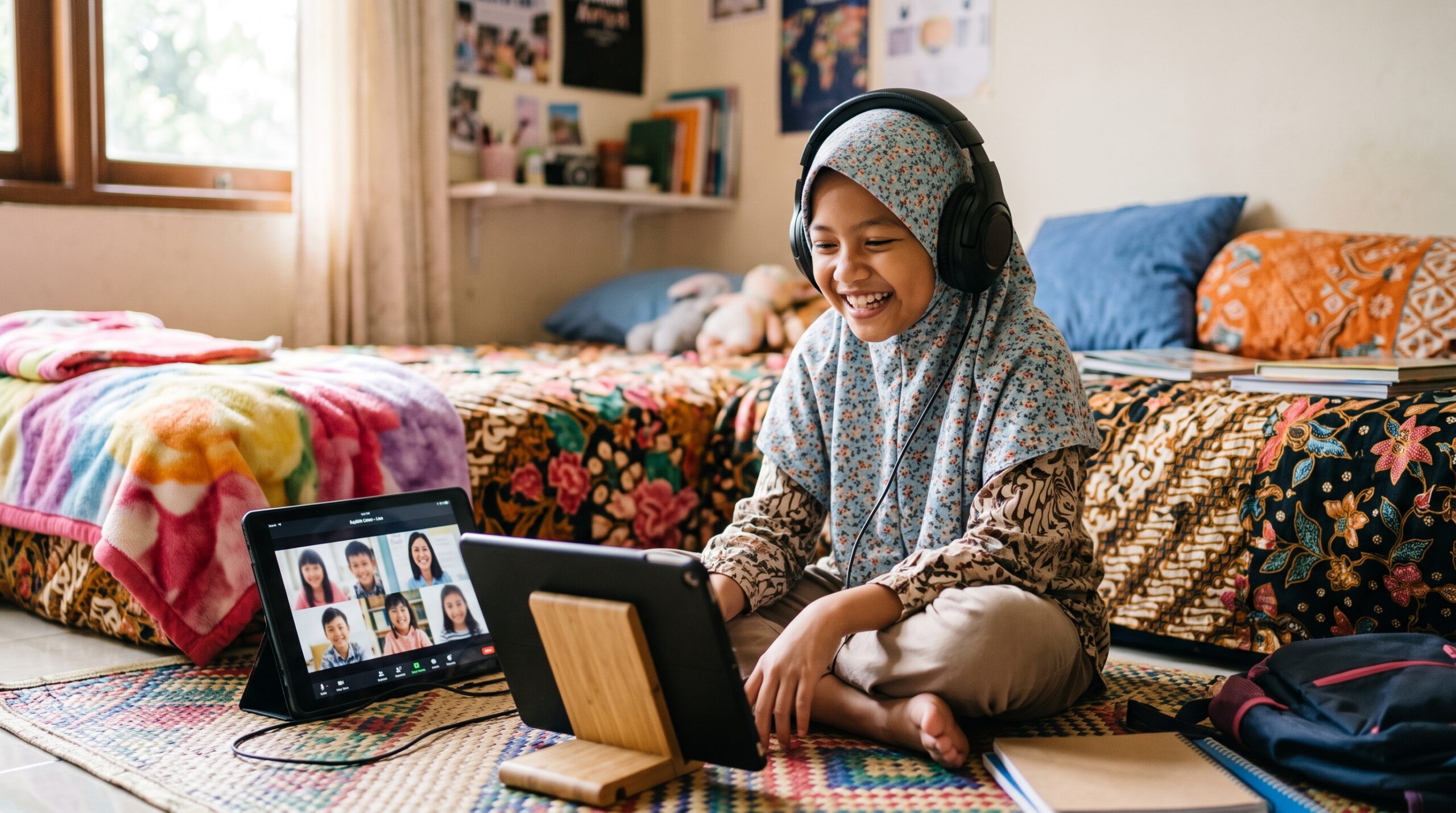 Anak Bekasi tersenyum saat kelas bahasa Jepang online bersama teman sebaya