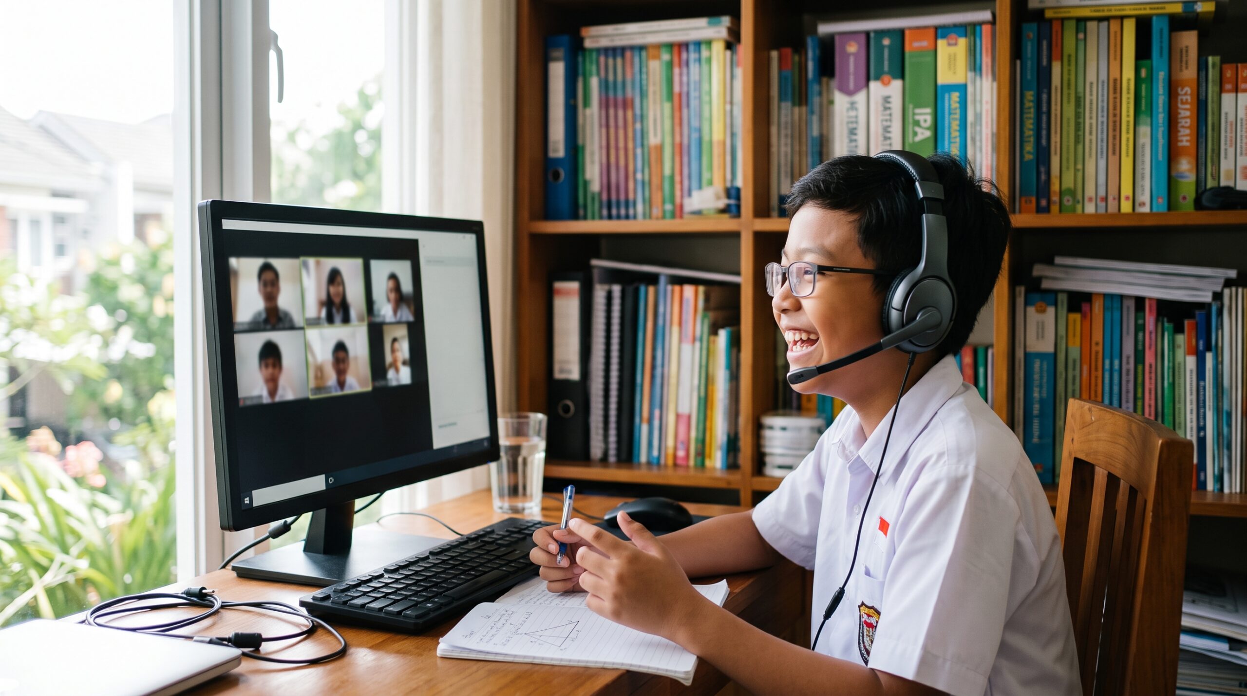 Anak Depok tersenyum saat kelas bahasa Jepang online bersama teman sebaya