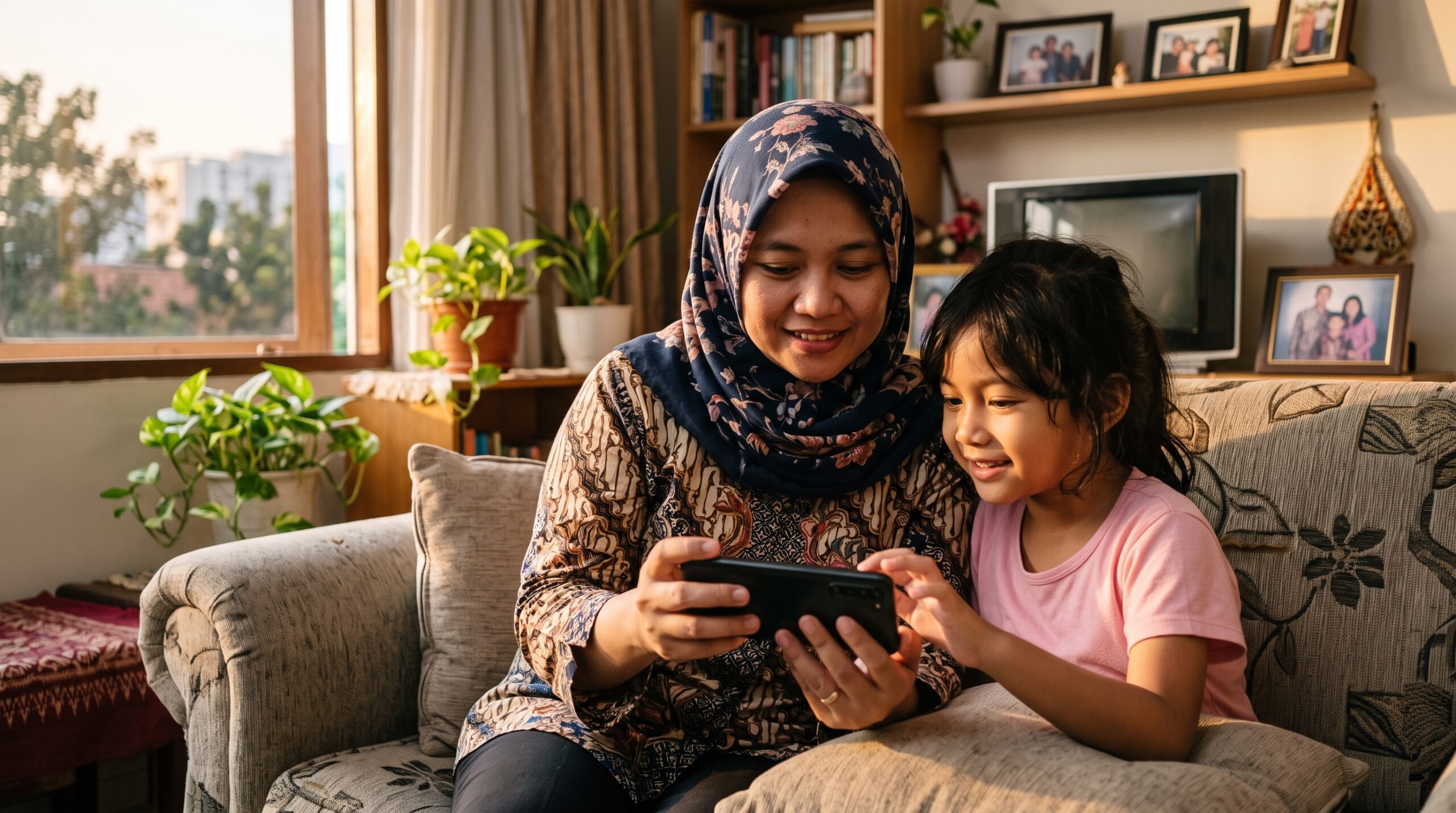 Ibu dan anak di Indonesia mencari les bahasa Jepang terdekat lewat ponsel