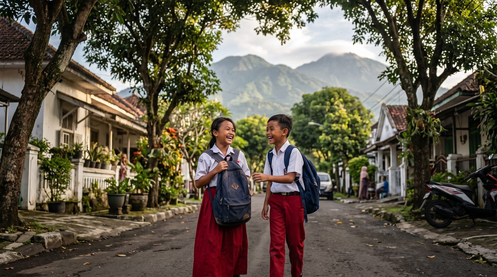 Anak SD di Malang pulang sekolah dengan latar perbukitan Jawa Timur