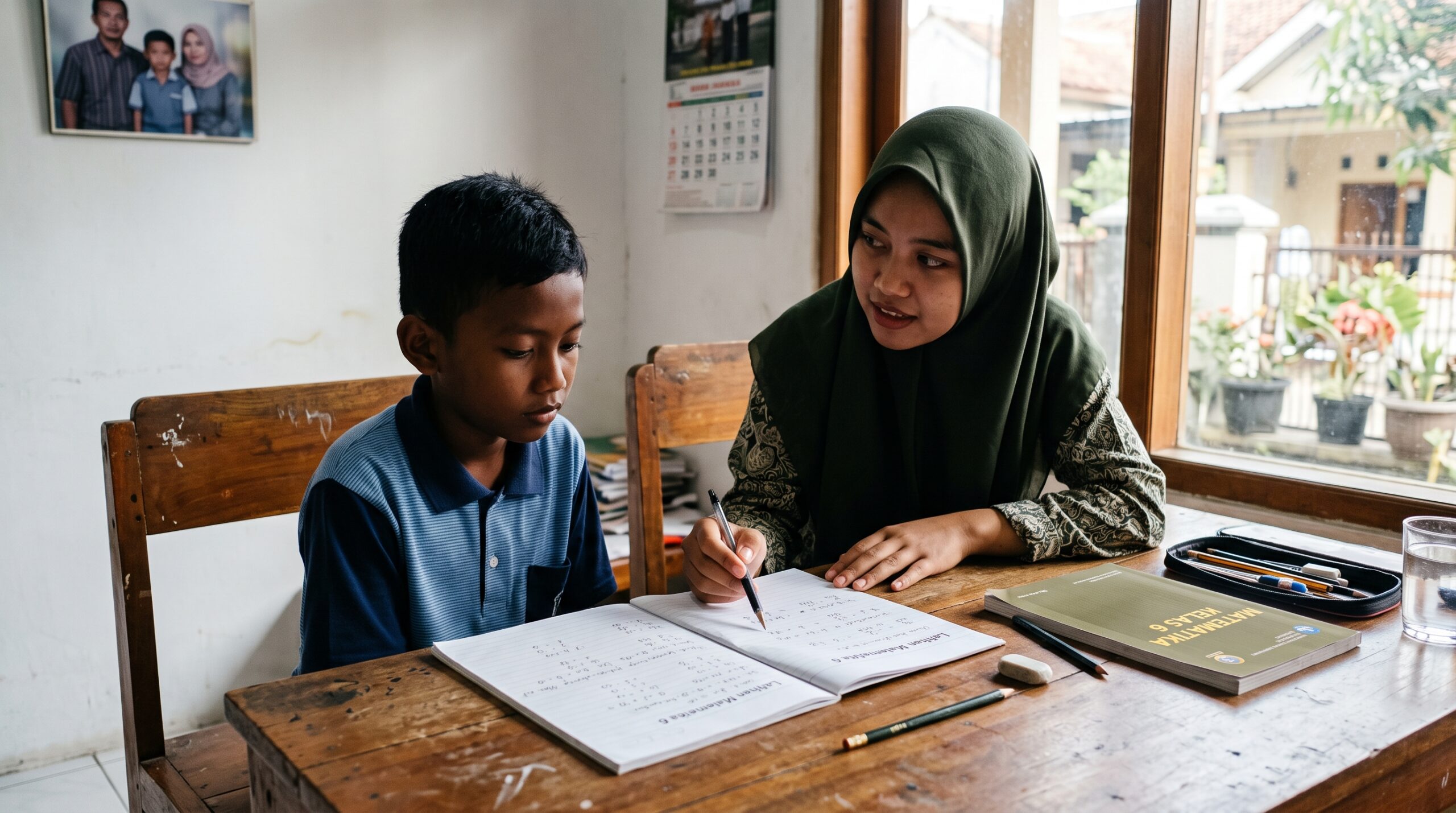 Anak Indonesia mengikuti les privat bahasa Jepang bersama seorang guru di rumah