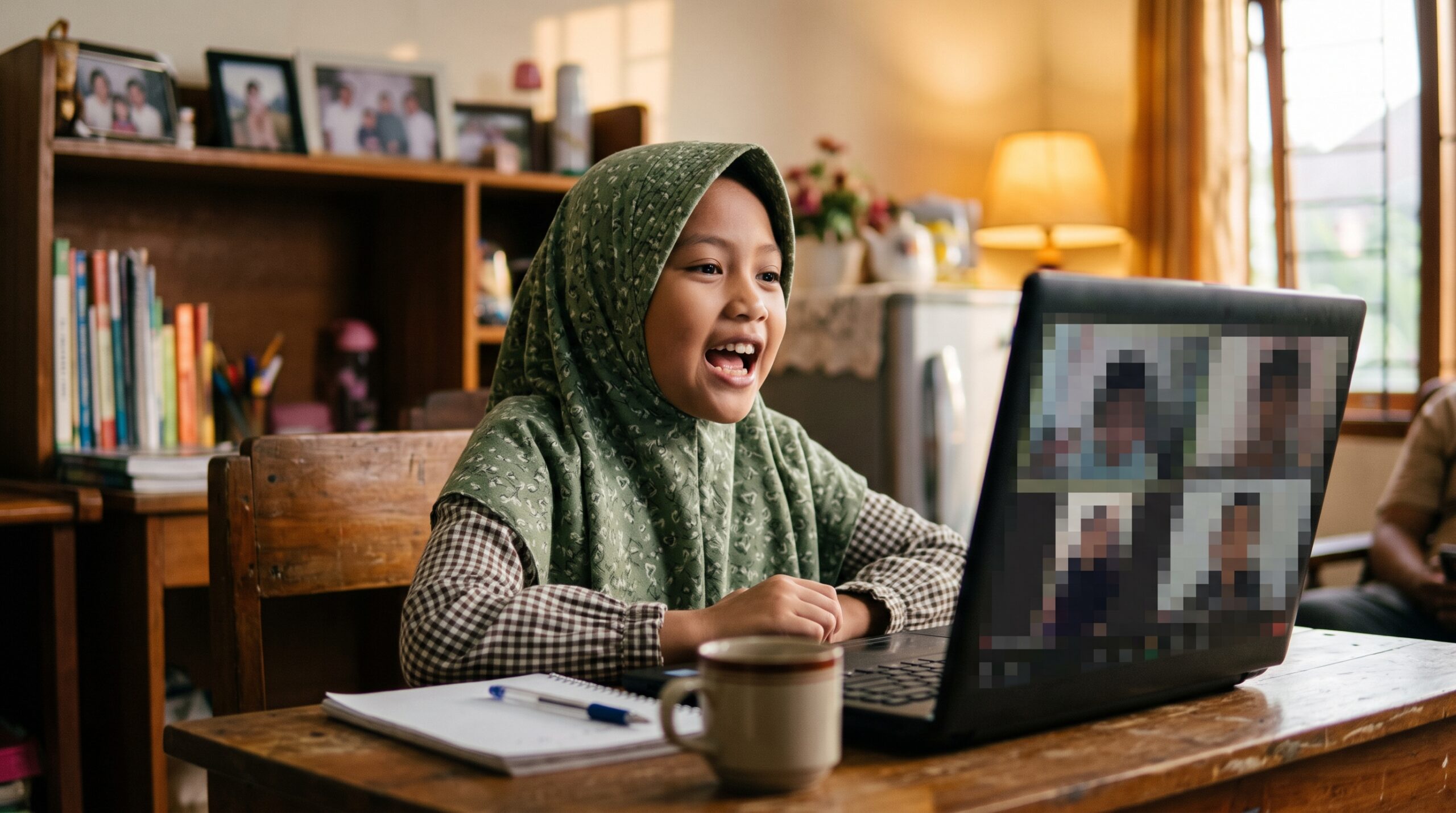 Anak Indonesia berbicara bahasa Jepang dalam kelas grup kecil online bersama teman sebaya