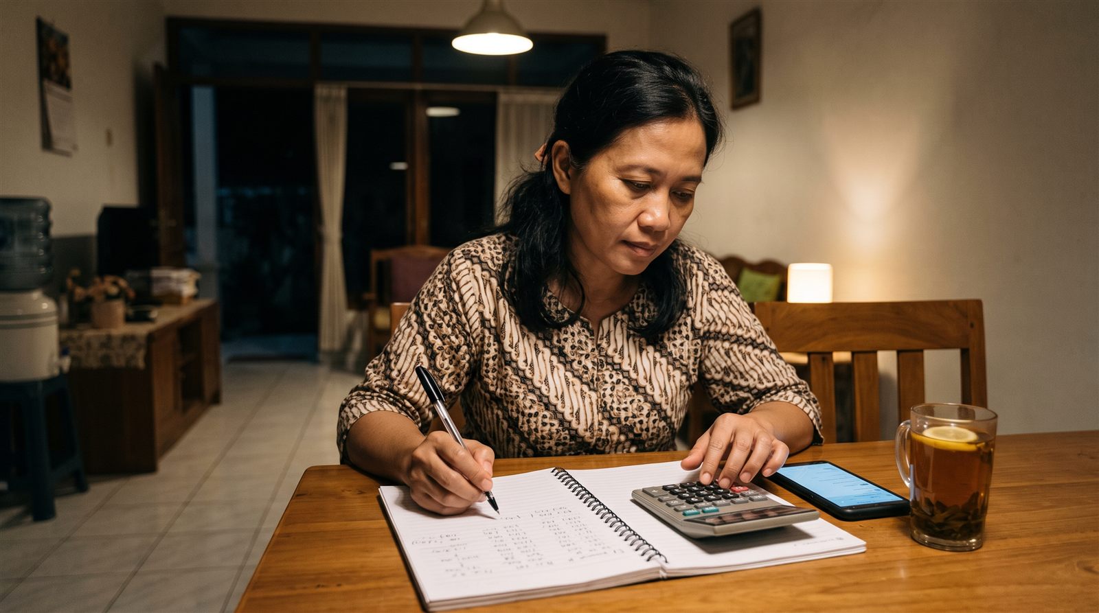 Orang tua di Indonesia menghitung biaya les privat bahasa Jepang di meja makan
