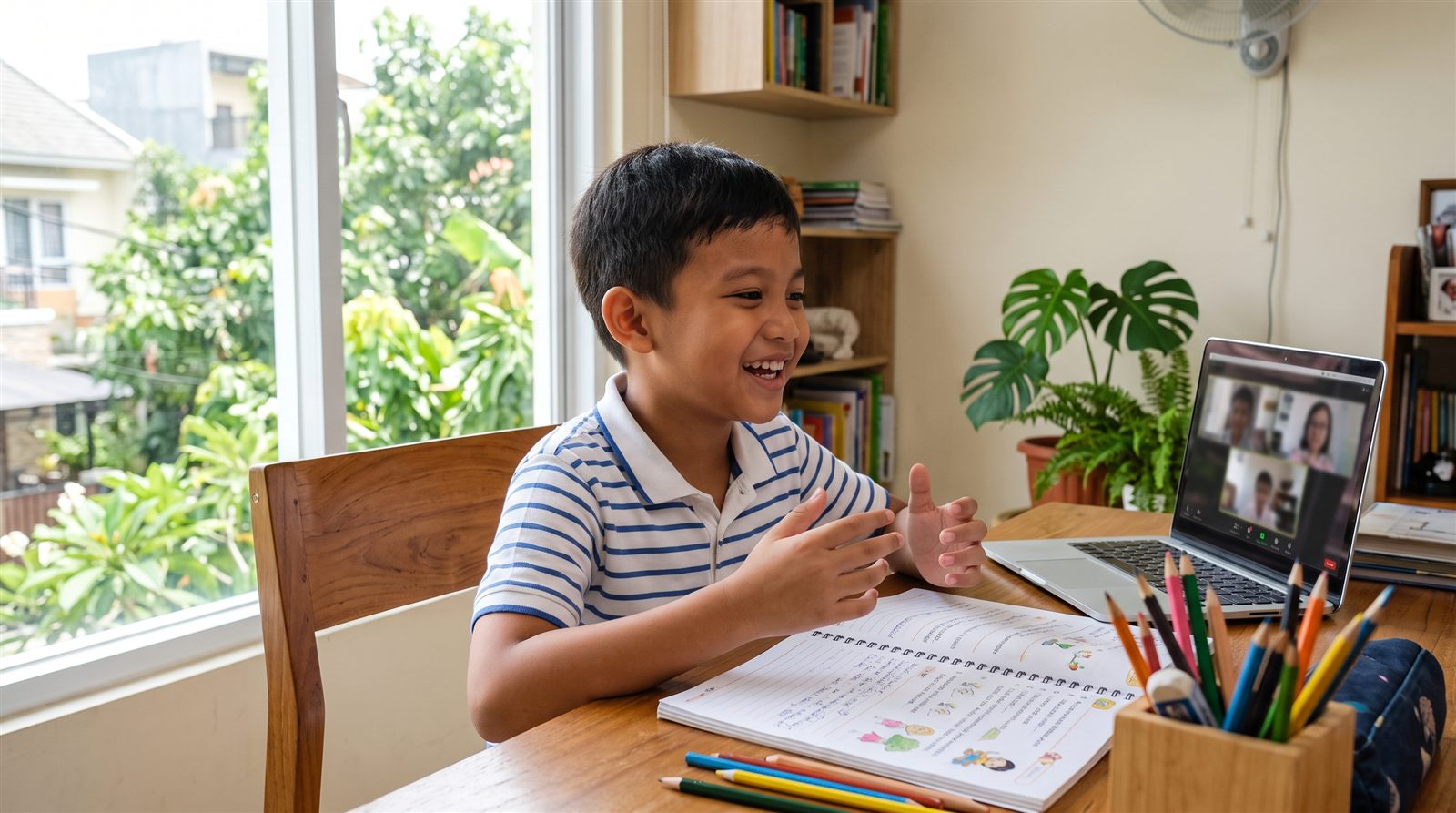 Anak Indonesia berbicara bahasa Jepang dalam kelas daring langsung di rumah