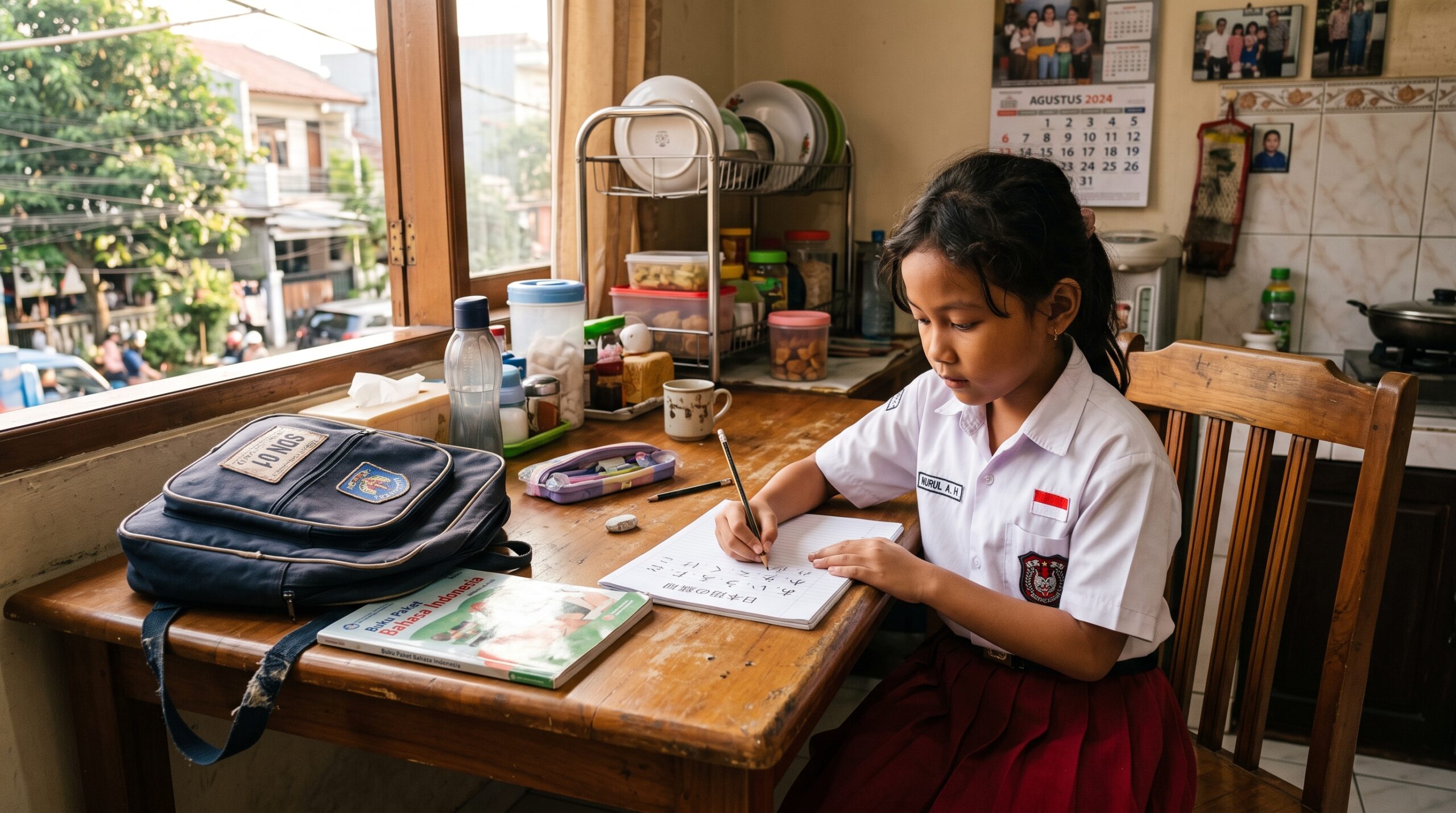 Anak SD di Indonesia belajar bahasa Jepang di rumah sepulang sekolah