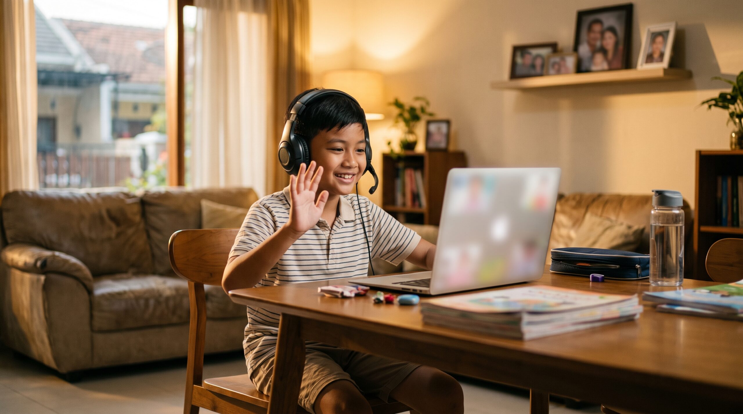 Anak SD Indonesia tersenyum saat kelas bahasa Jepang online bersama teman sebaya